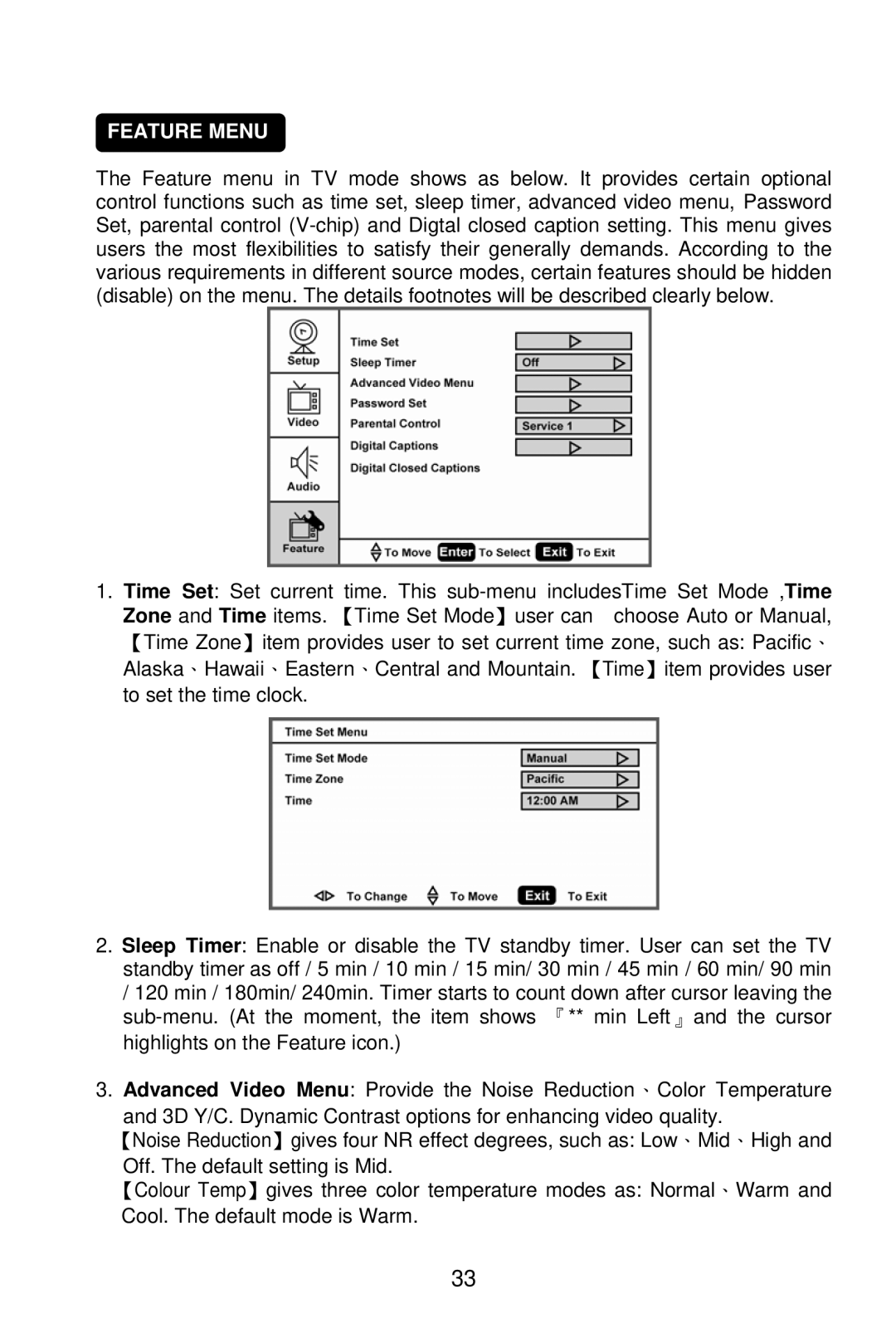 AOC L19W861 manual Feature Menu 