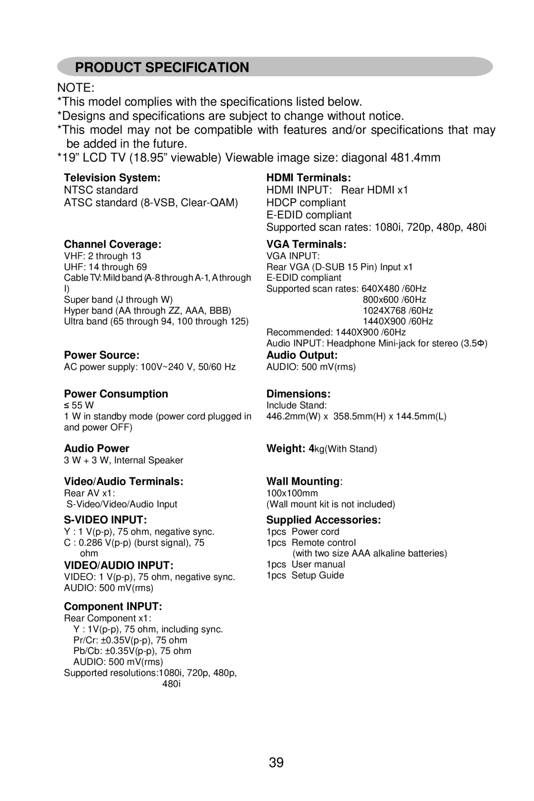 AOC L19W861 manual Product Specification, Channel Coverage 