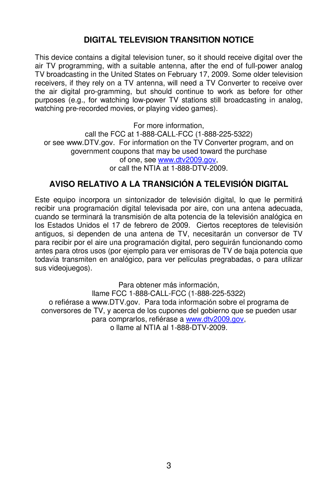 AOC L19W861 manual Digital Television Transition Notice, Aviso Relativo a LA Transición a Televisión Digital 