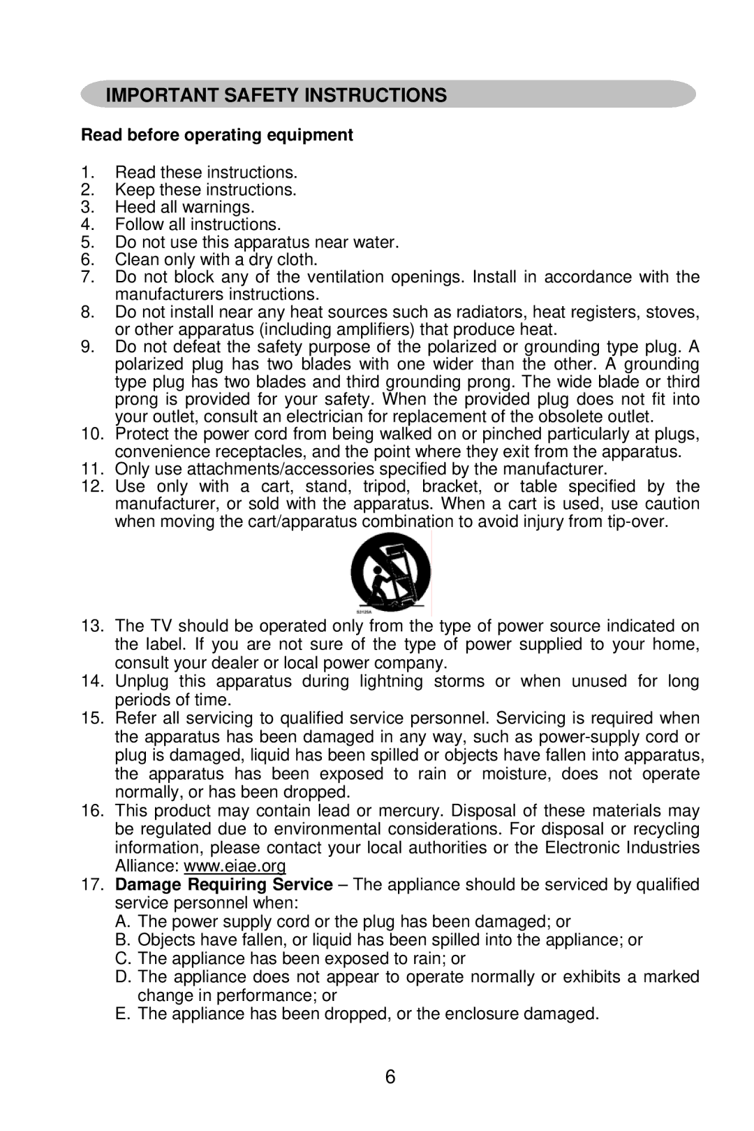 AOC L19W861 manual Important Safety Instructions, Read before operating equipment 