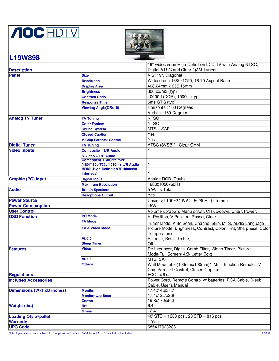 AOC L19W898 user manual 