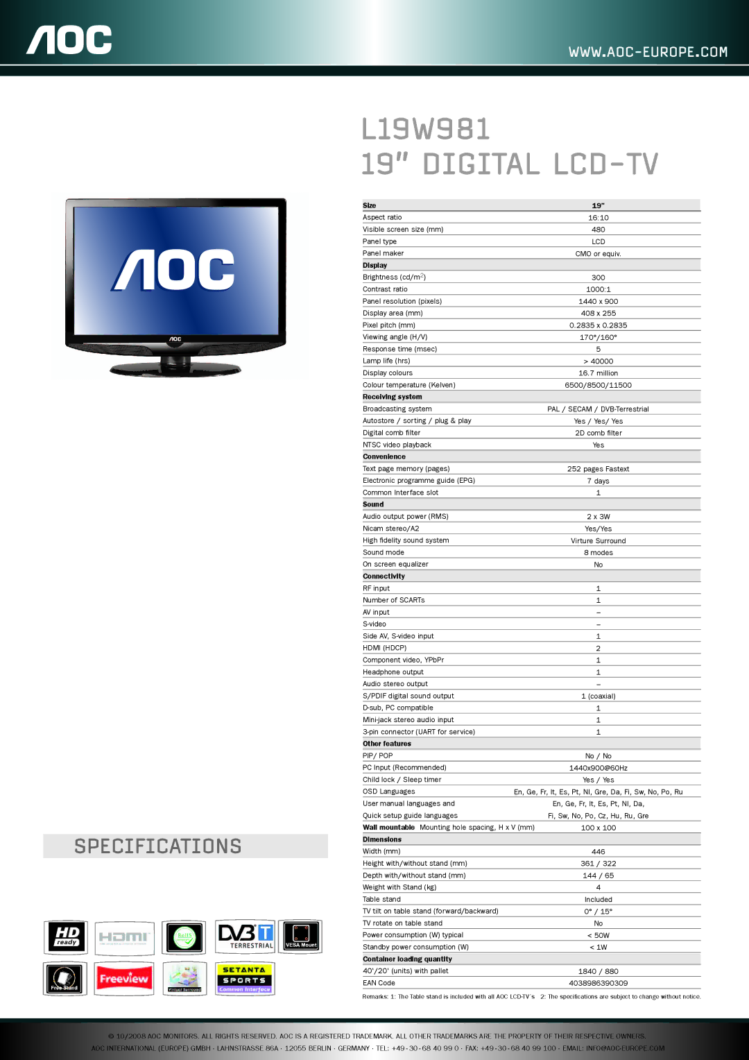 AOC L19W981 specifications Digital LCD-TV, Specifications, Lcd, Hdmi Hdcp, Pip/ Pop 