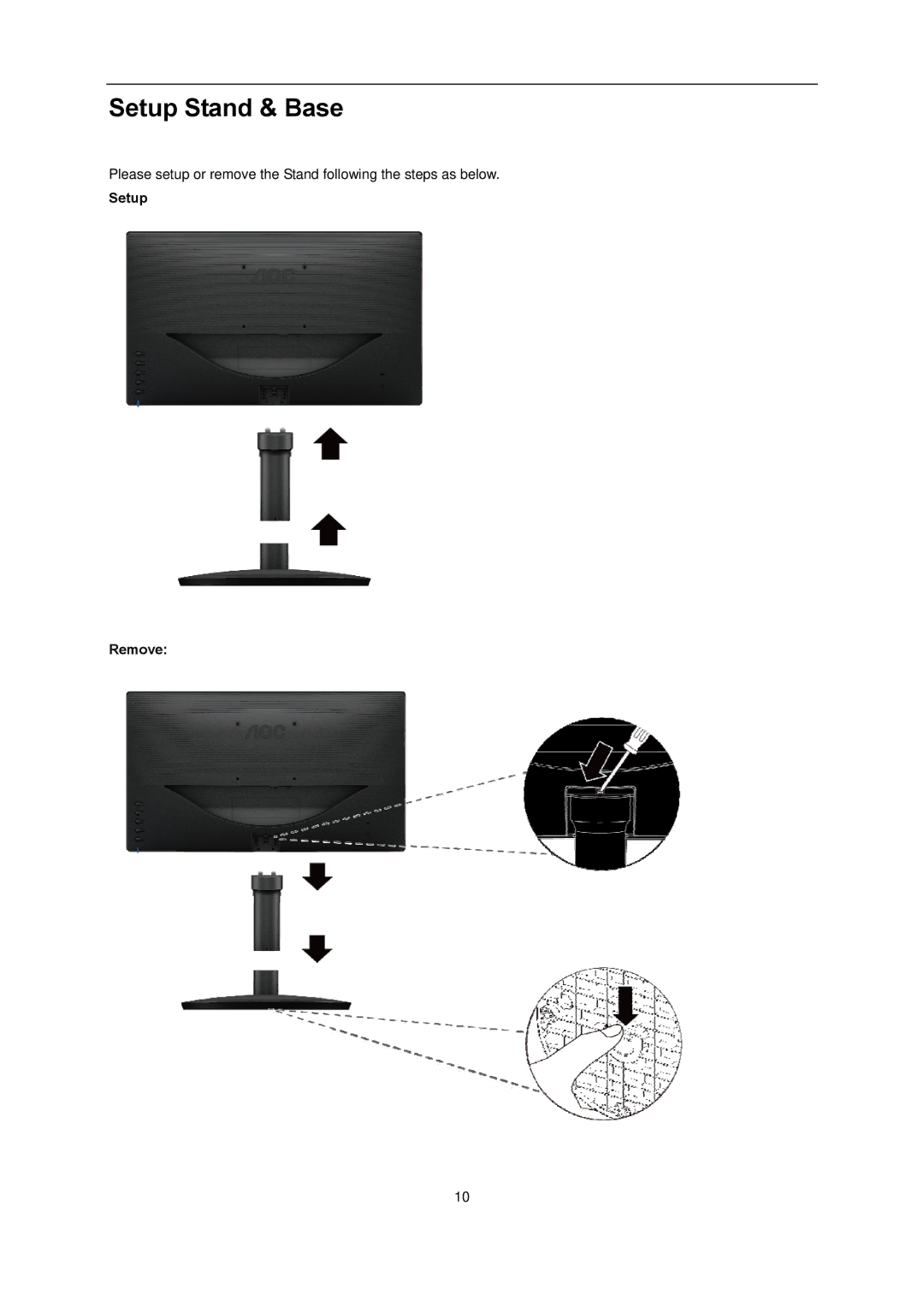 AOC l2080SW manual Setup Stand & Base, Setup Remove 