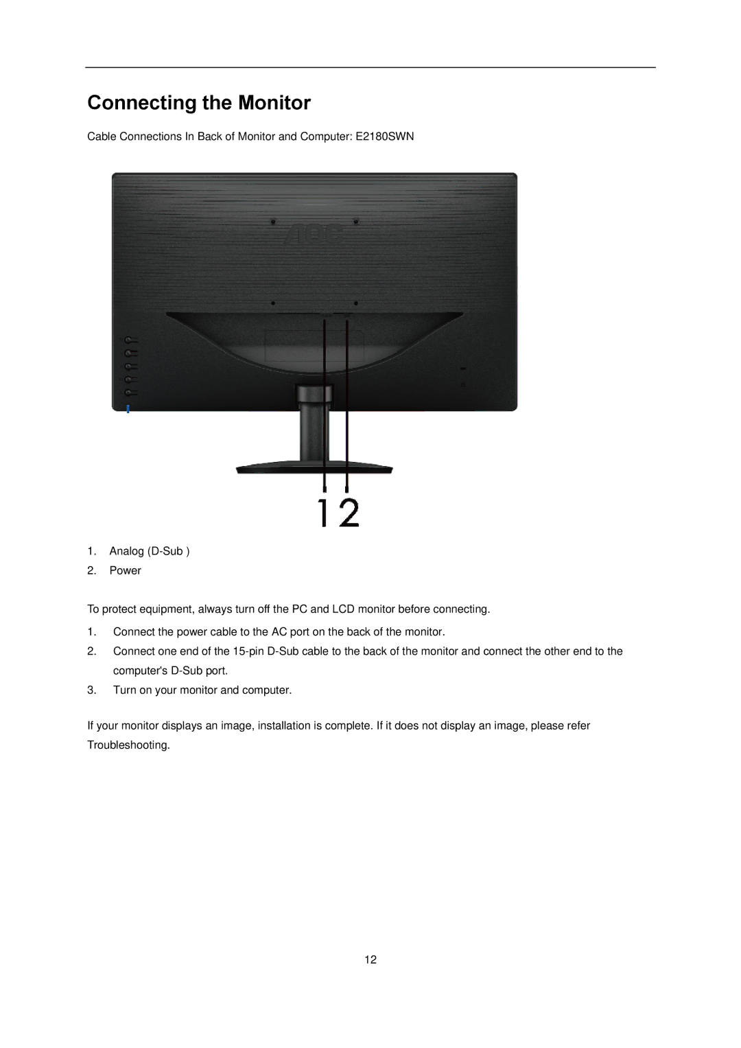 AOC l2080SW manual Connecting the Monitor 