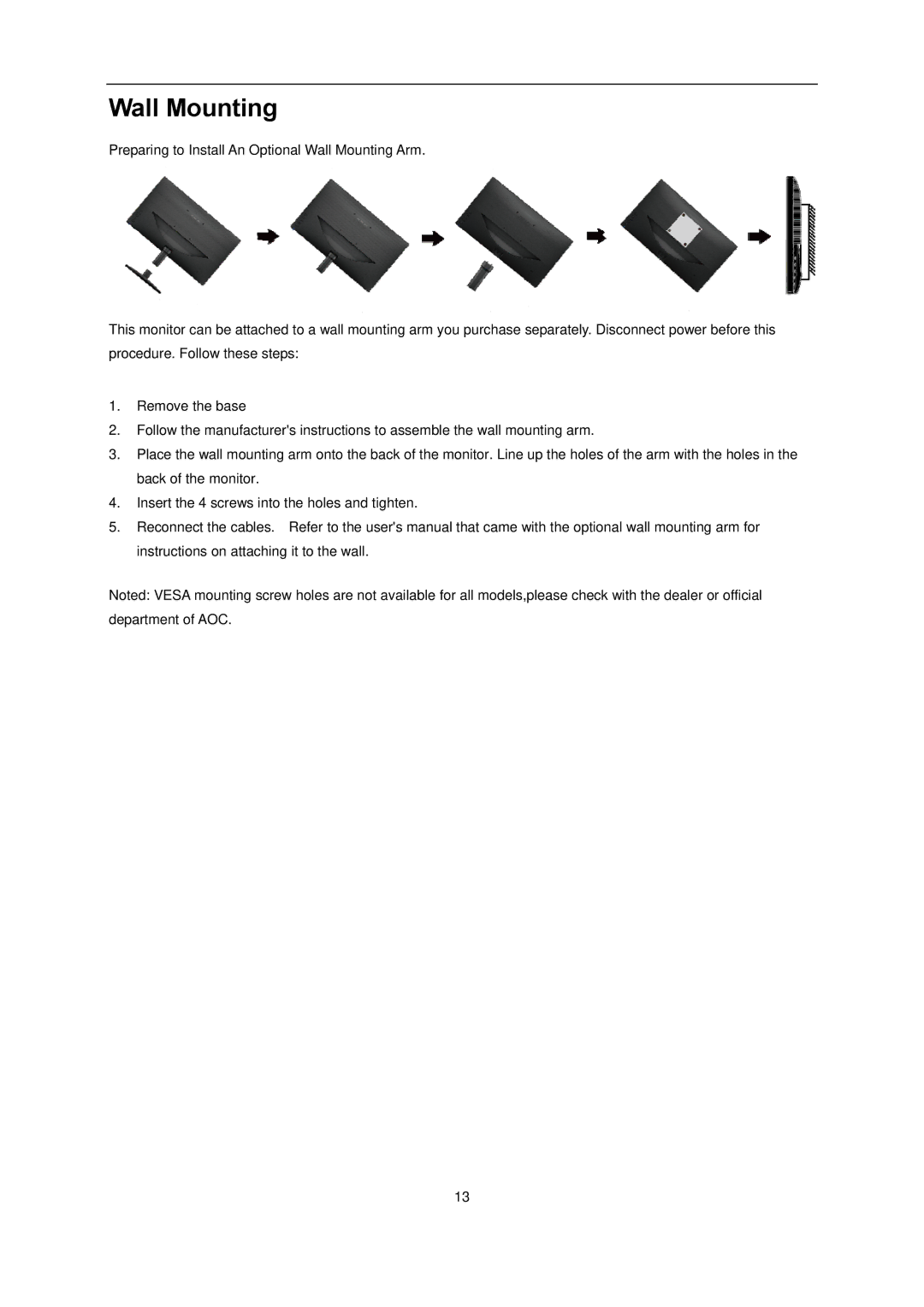 AOC l2080SW manual Wall Mounting 