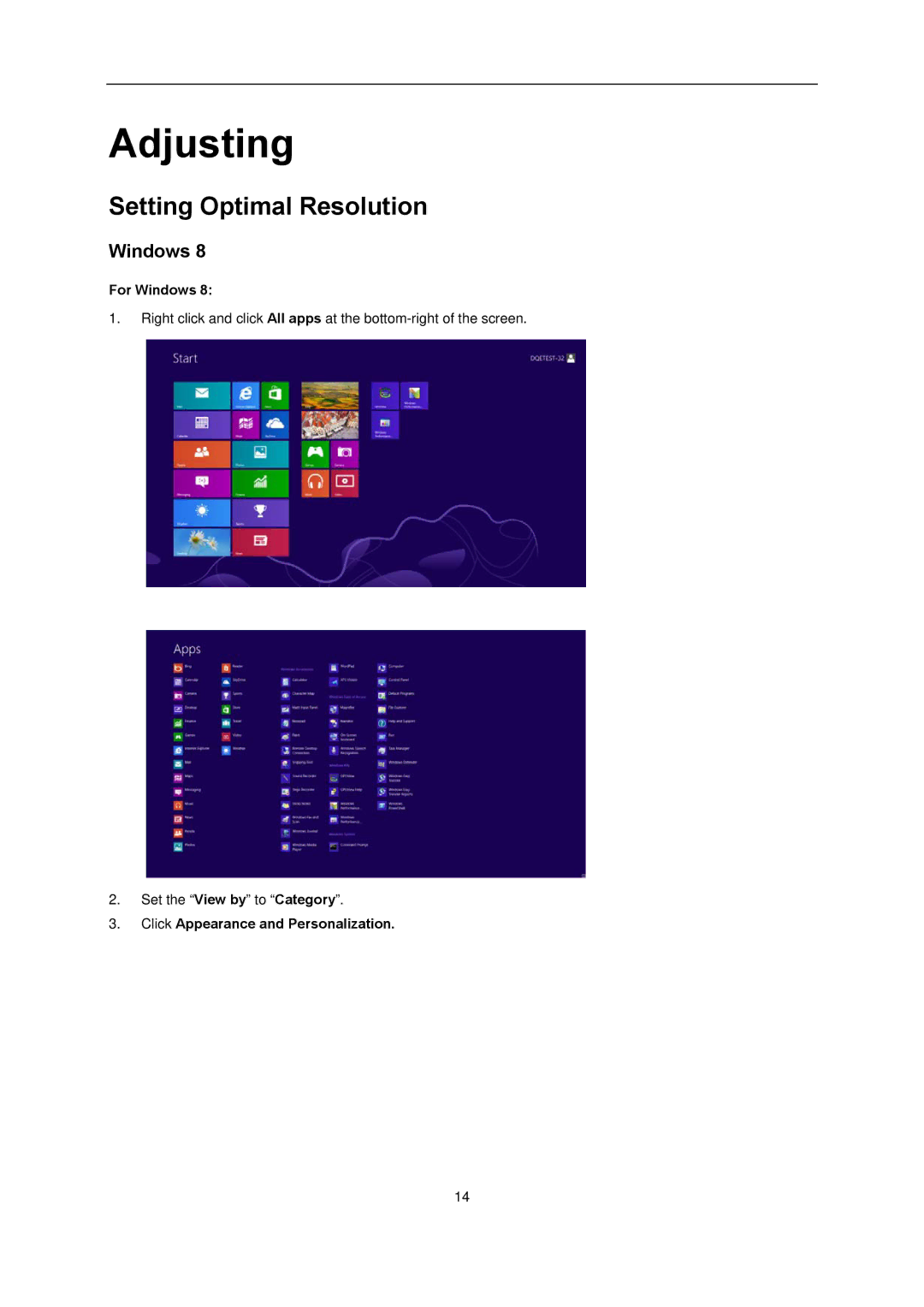 AOC l2080SW manual Adjusting, Setting Optimal Resolution, For Windows, Click Appearance and Personalization 