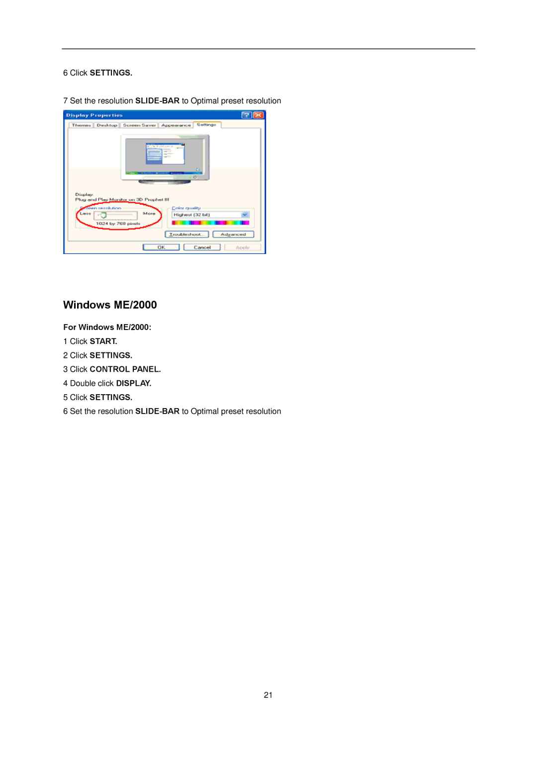 AOC l2080SW manual For Windows ME/2000, Click Settings Click Control Panel 