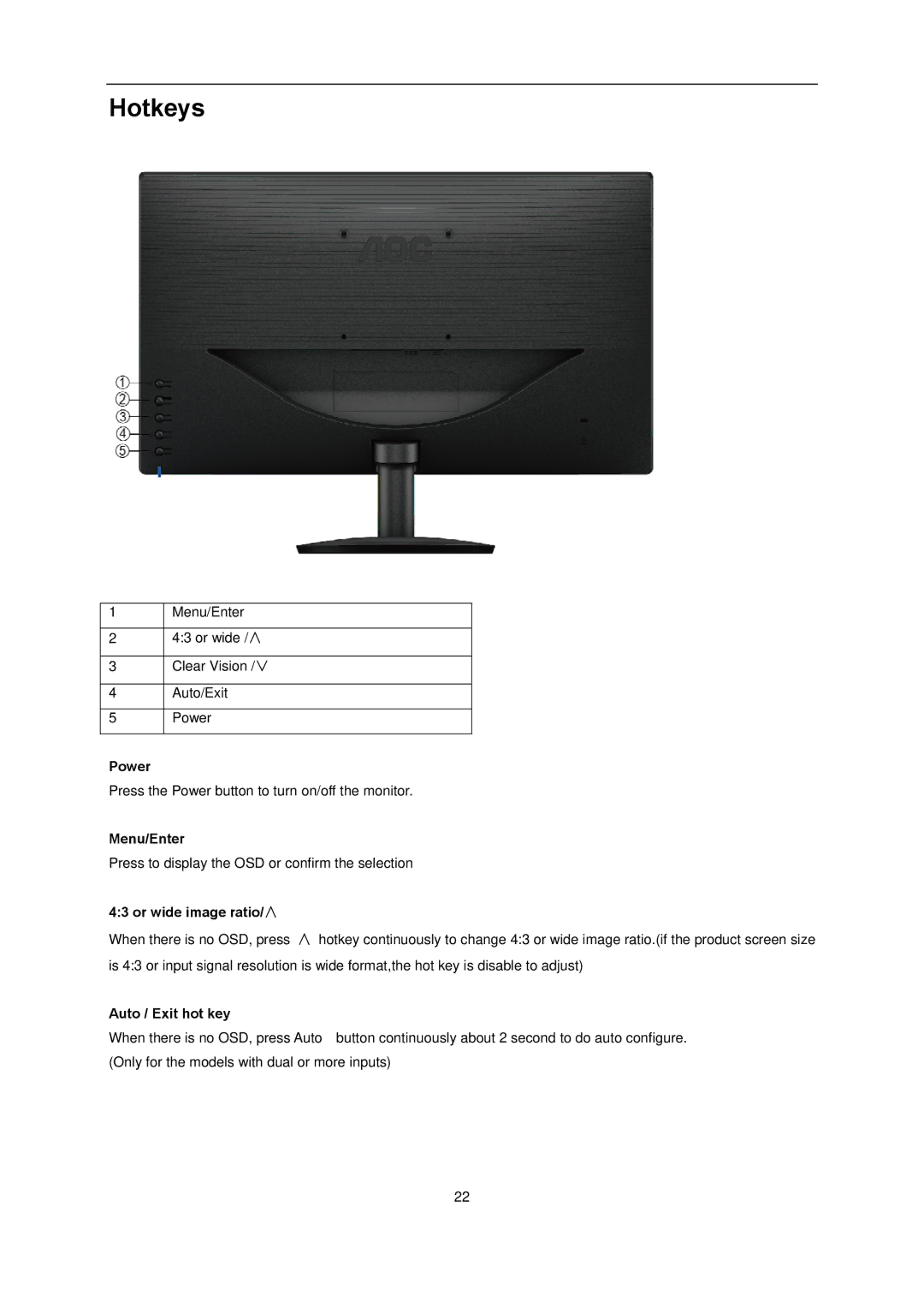 AOC l2080SW manual Hotkeys, Power, Menu/Enter, Or wide image ratio/∧, Auto / Exit hot key 