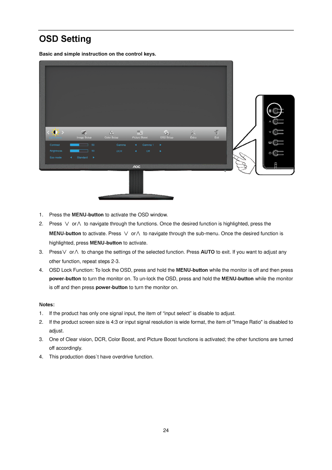 AOC l2080SW manual OSD Setting, Basic and simple instruction on the control keys 