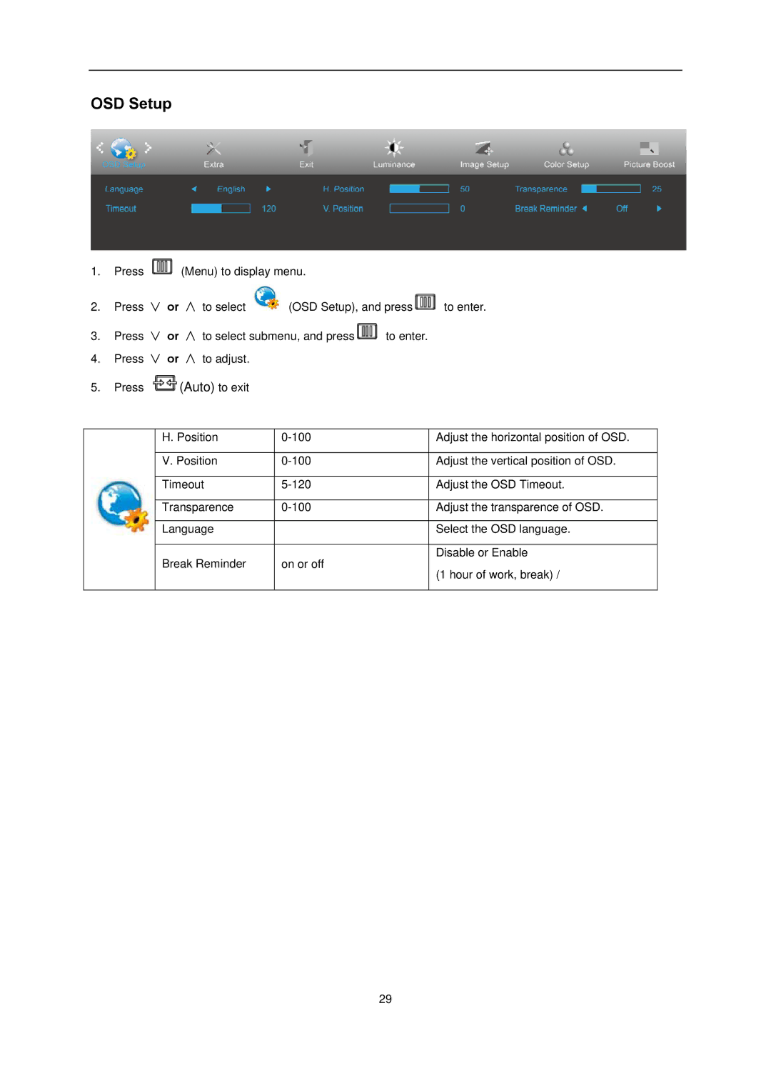 AOC l2080SW manual OSD Setup 