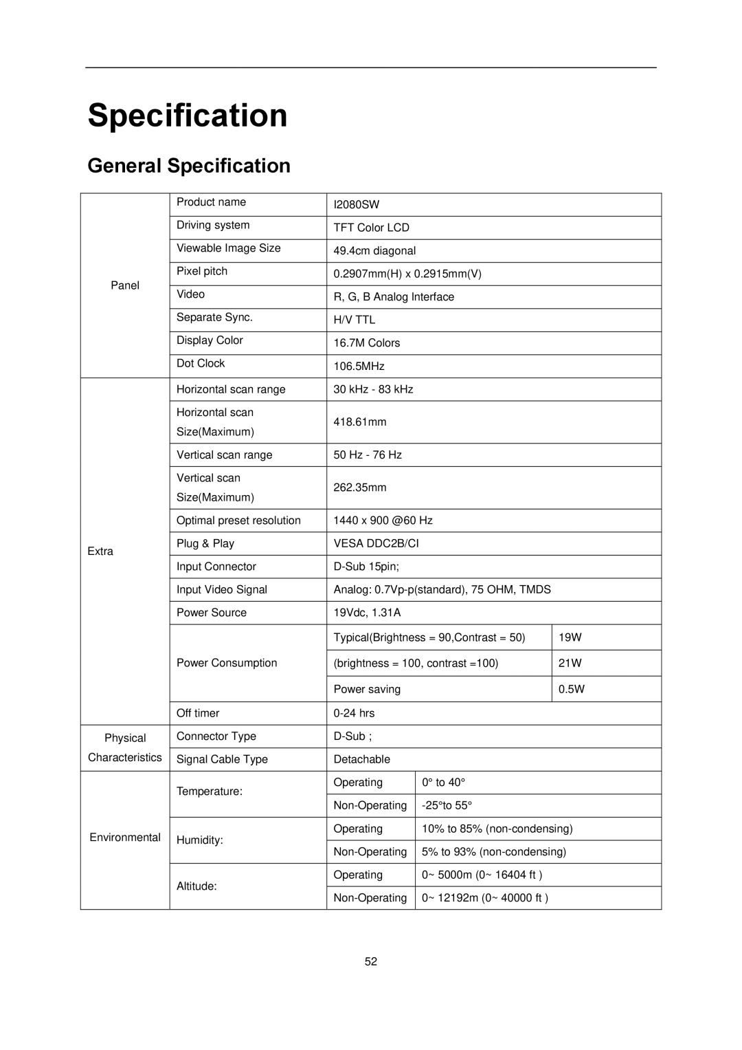 AOC l2080SW manual General Specification 