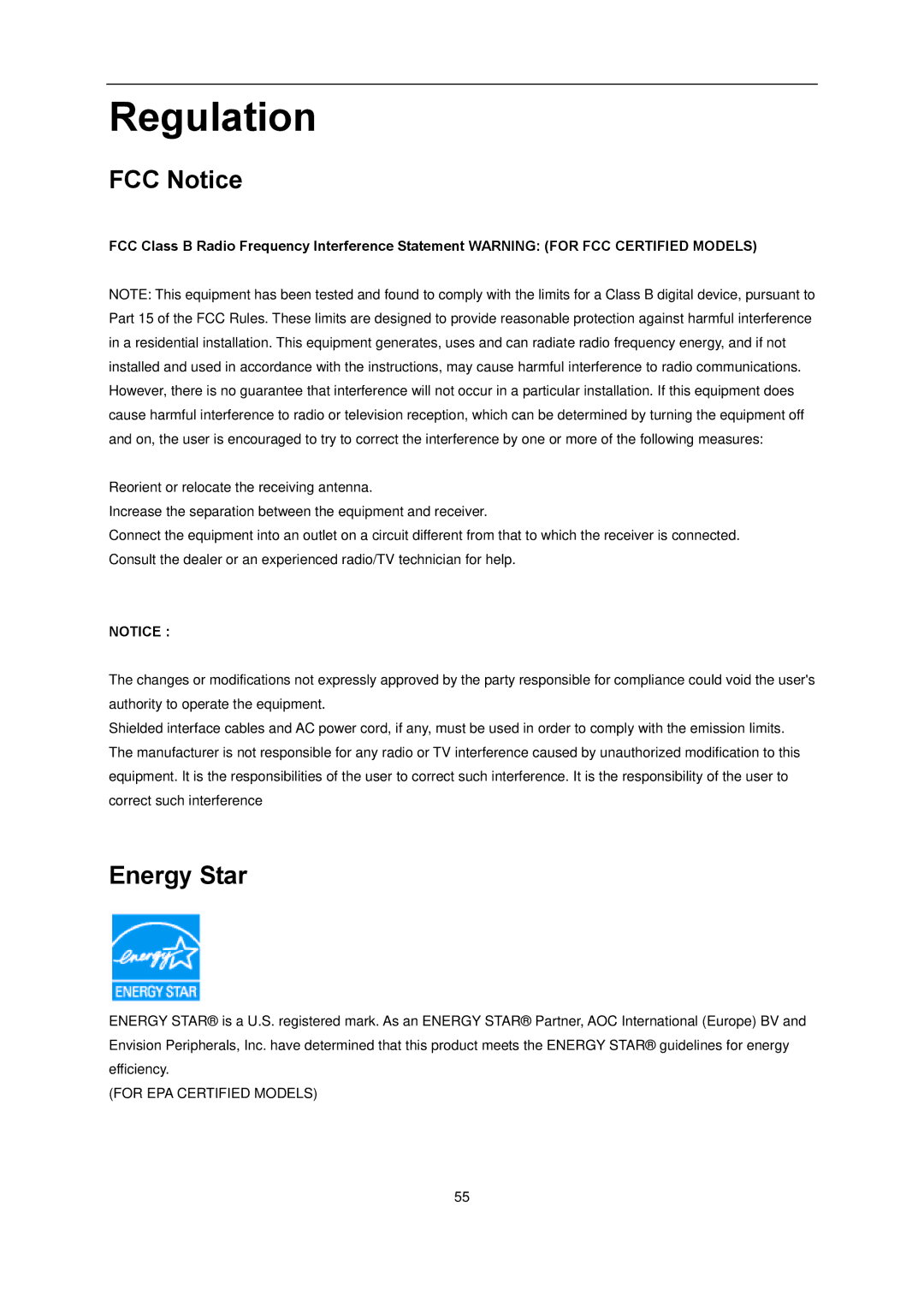 AOC l2080SW manual Regulation, FCC Notice, Energy Star 