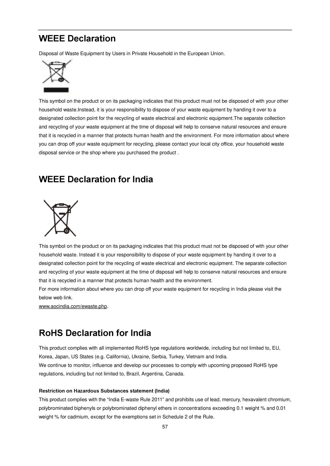 AOC l2080SW manual Weee Declaration for India, RoHS Declaration for India 