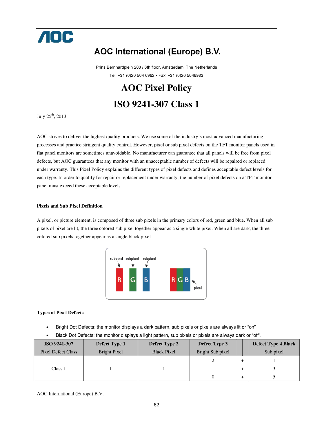 AOC l2080SW manual AOC Pixel Policy ISO 9241-307 Class, AOC International Europe B.V 