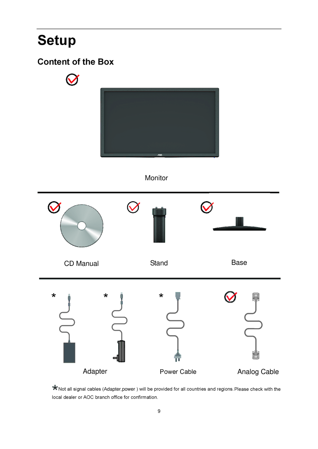 AOC l2080SW manual Setup, Content of the Box 