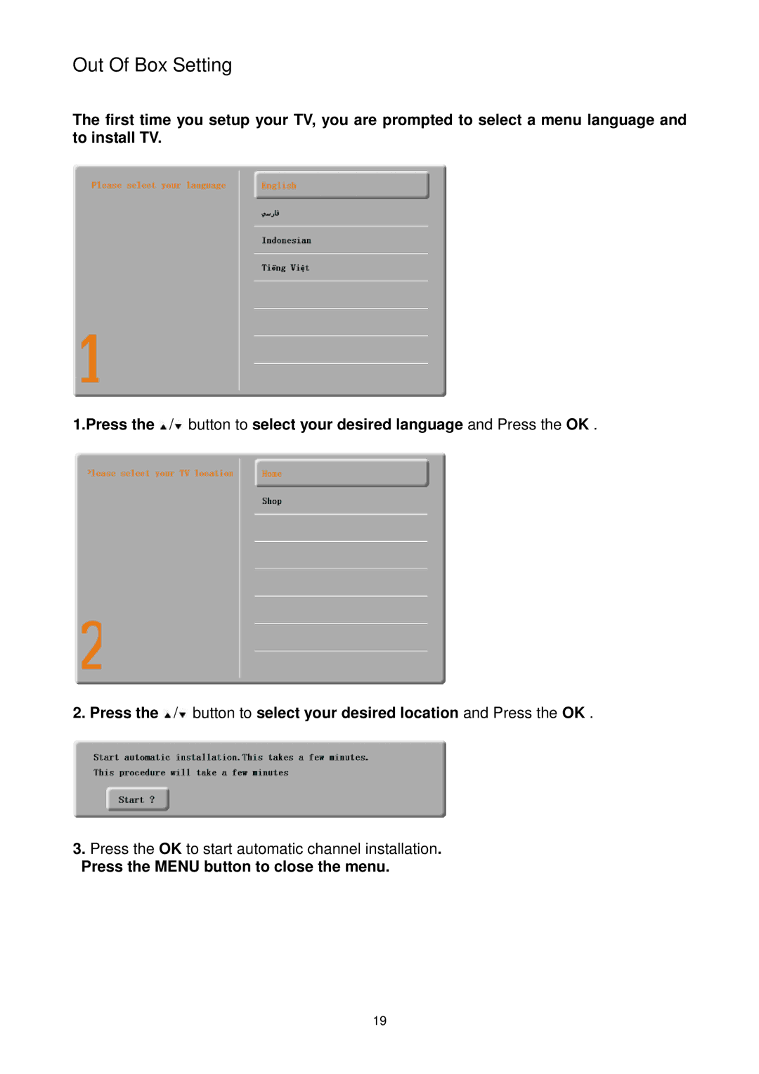 AOC L22DK99U L26DK99U L32DK99U manual Out Of Box Setting, Press the Menu button to close the menu 