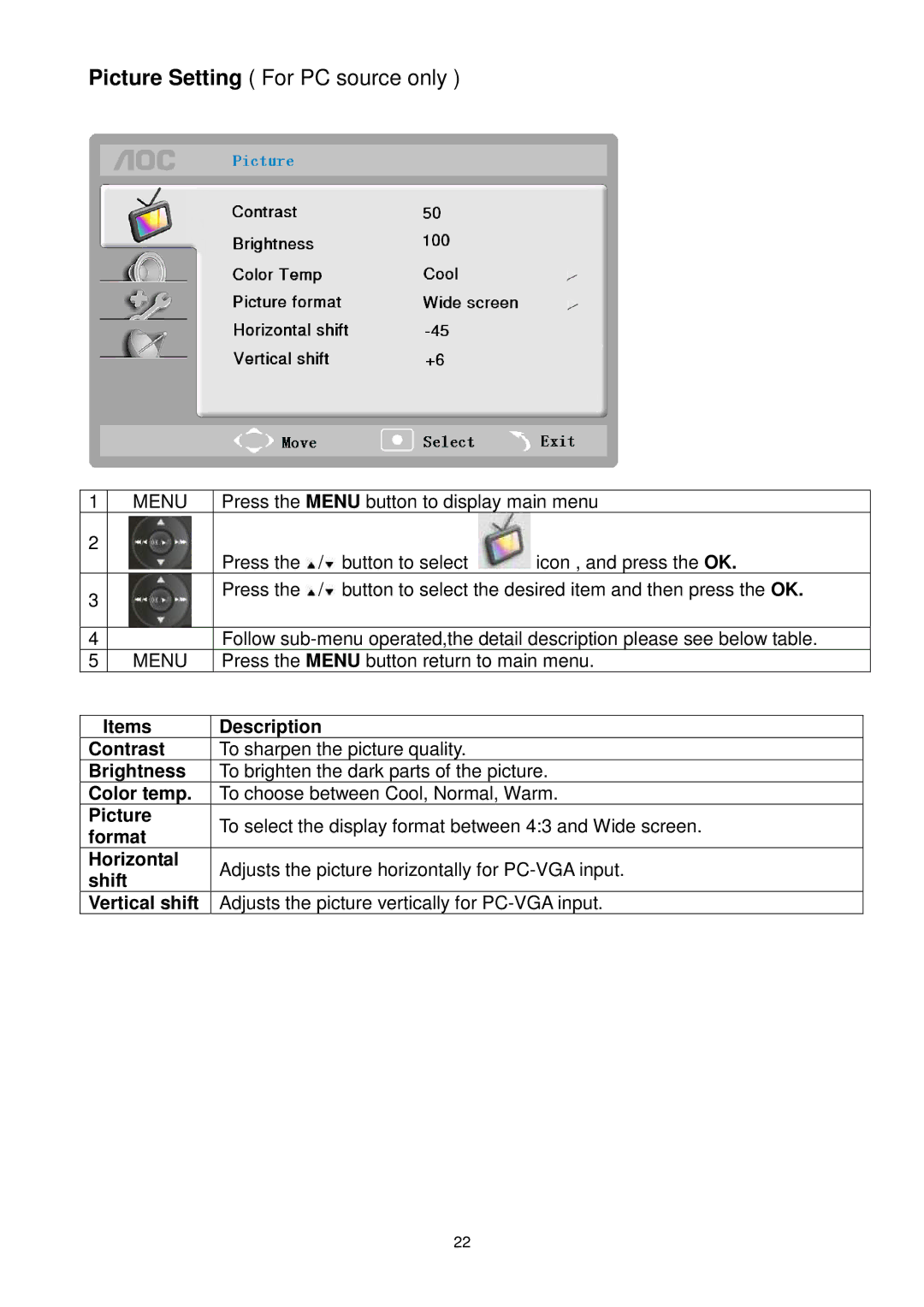 AOC L22DK99U L26DK99U L32DK99U manual Picture Setting For PC source only, Items Description Contrast, Color temp 