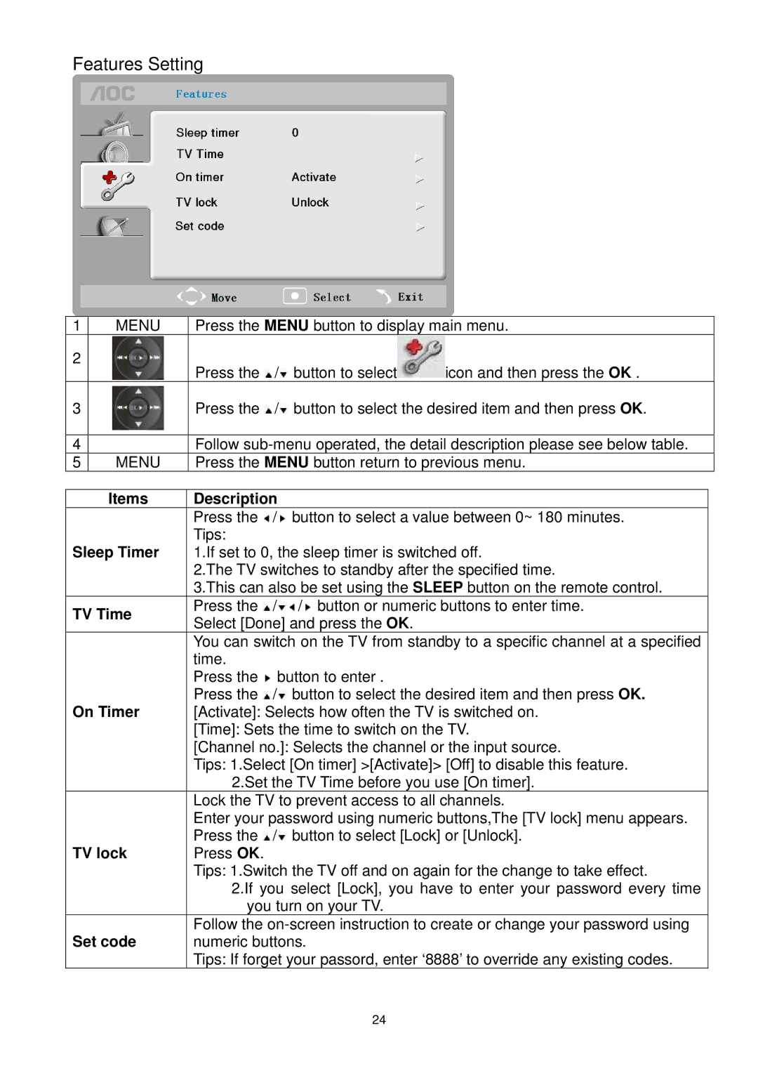 AOC L22DK99U L26DK99U L32DK99U manual Features Setting 