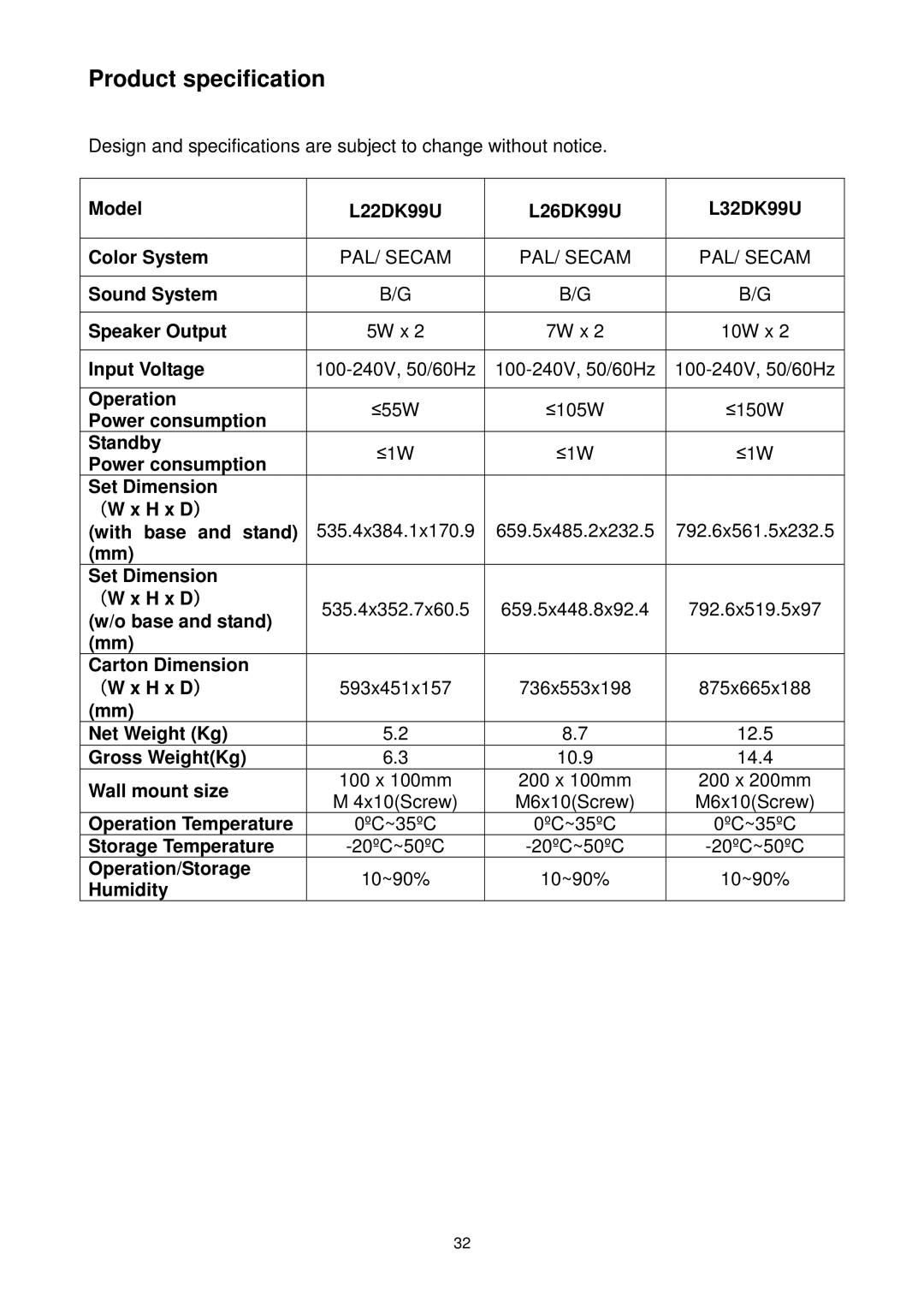 AOC L22DK99U L26DK99U L32DK99U manual Product specification 