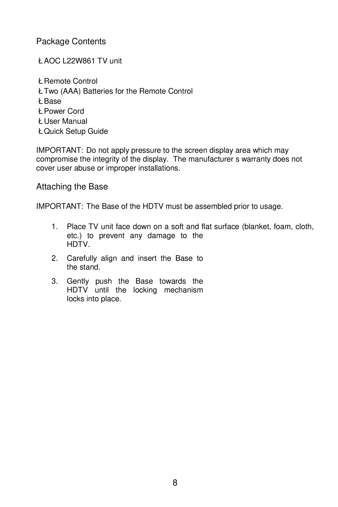 AOC L22W861 manual Package Contents, Attaching the Base 