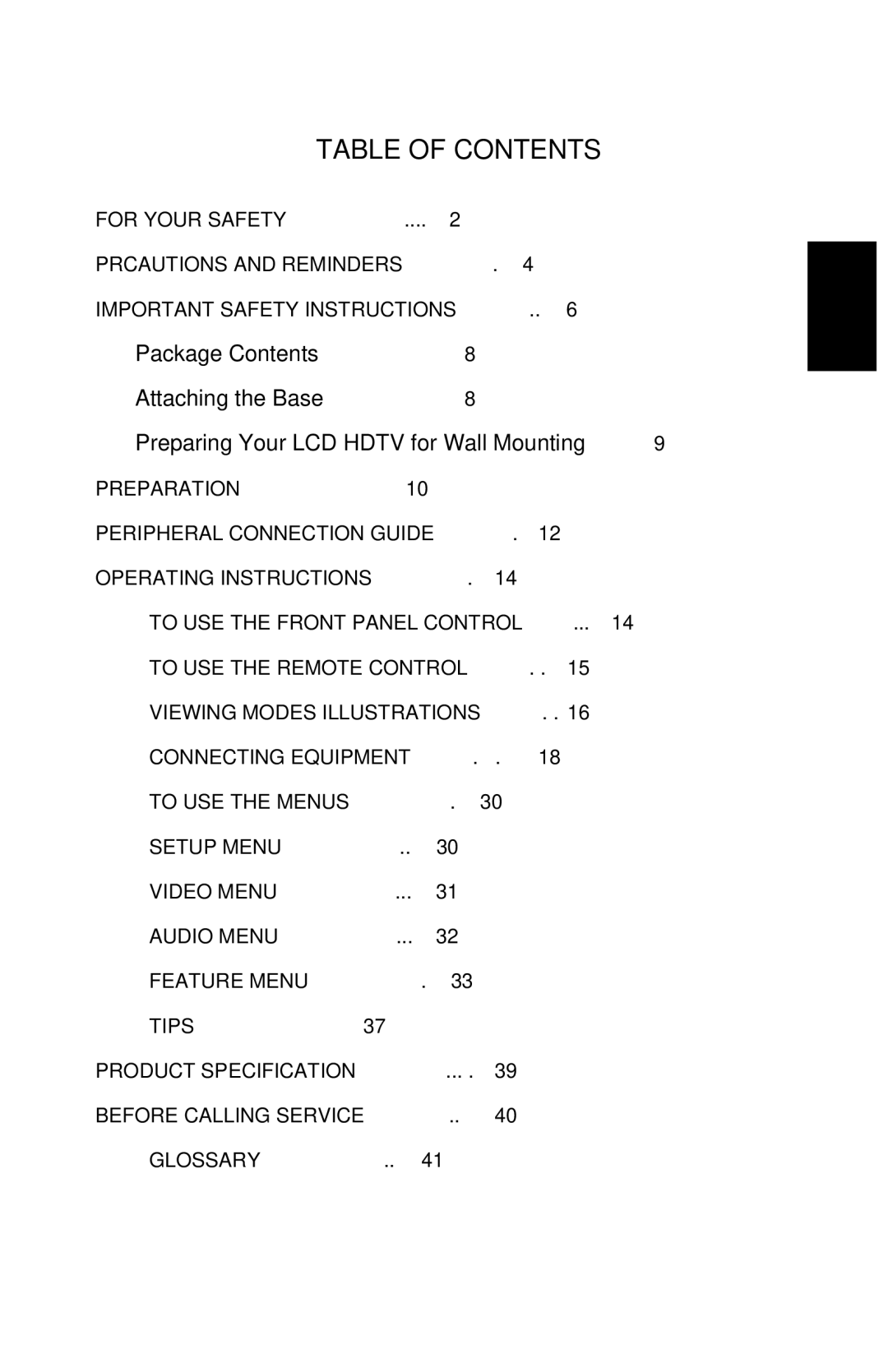 AOC L22W861 manual Table of Contents 