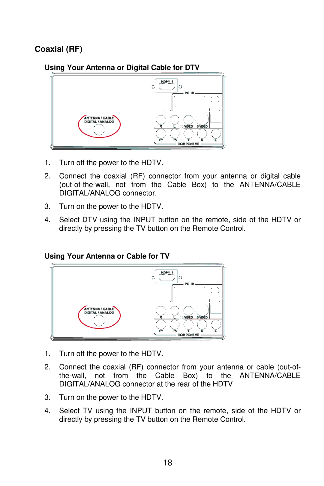 AOC L22W861 manual Coaxial RF, Using Your Antenna or Digital Cable for DTV, Using Your Antenna or Cable for TV 