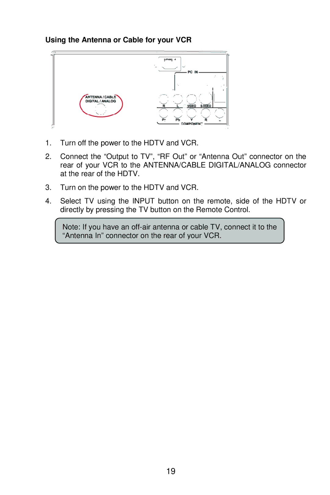 AOC L22W861 manual Using the Antenna or Cable for your VCR 