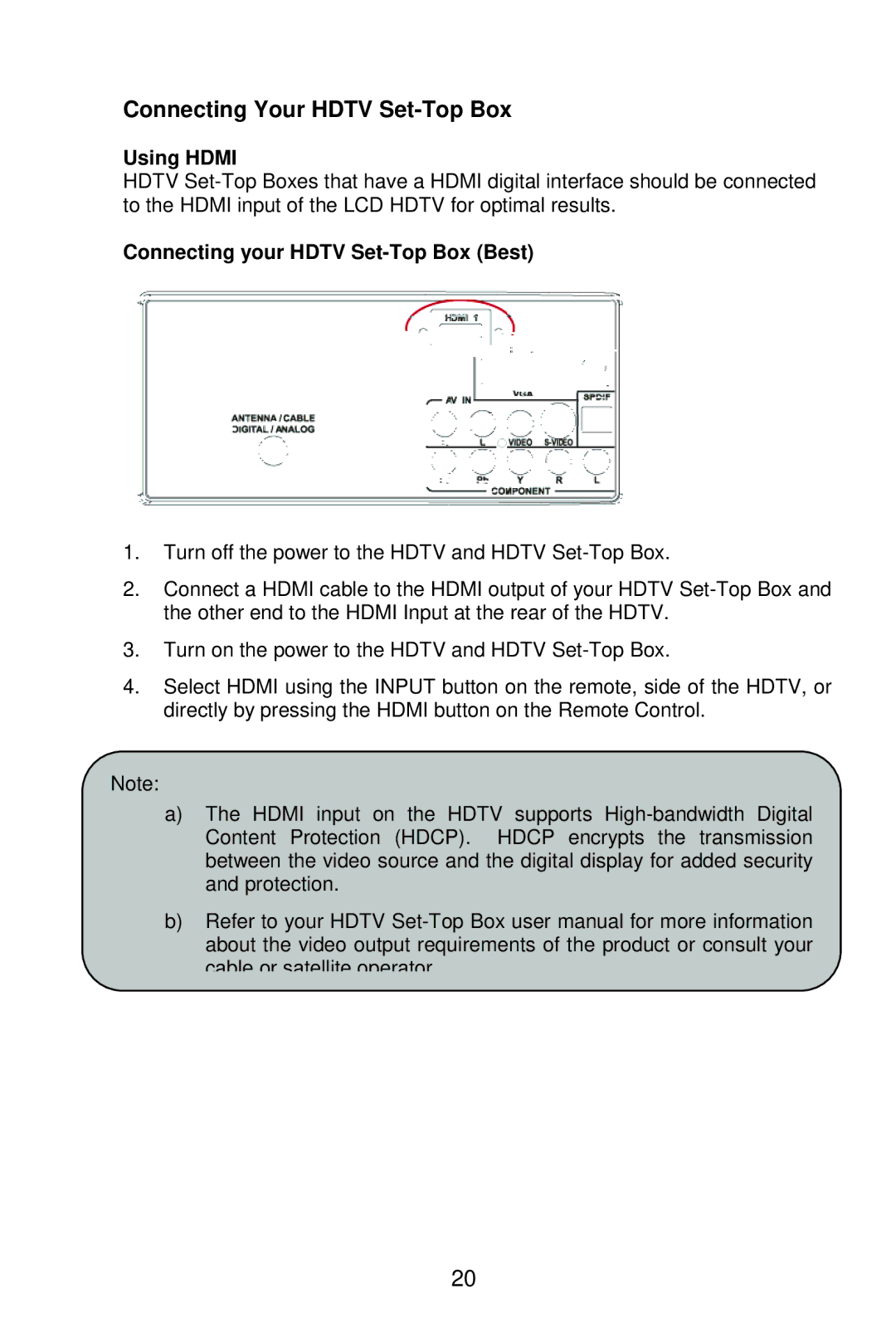 AOC L22W861 manual Connecting Your Hdtv Set-Top Box, Using Hdmi, Connecting your Hdtv Set-Top Box Best 