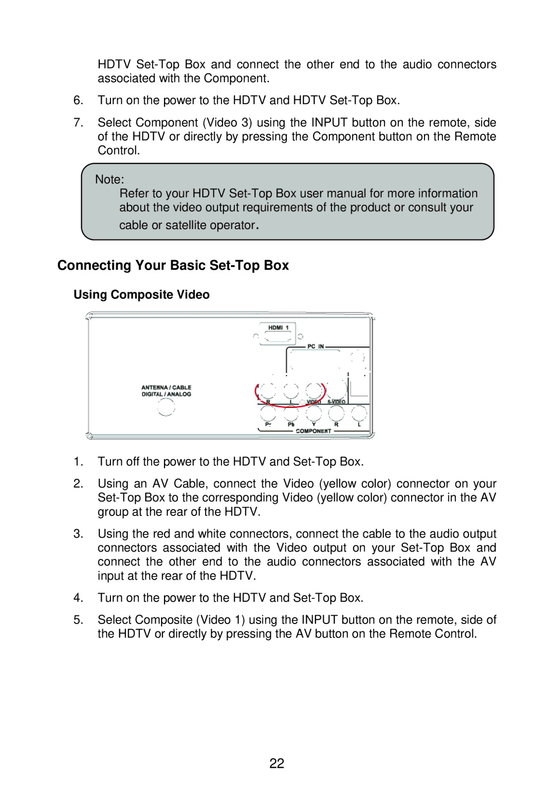 AOC L22W861 manual Connecting Your Basic Set-Top Box, Using Composite Video 