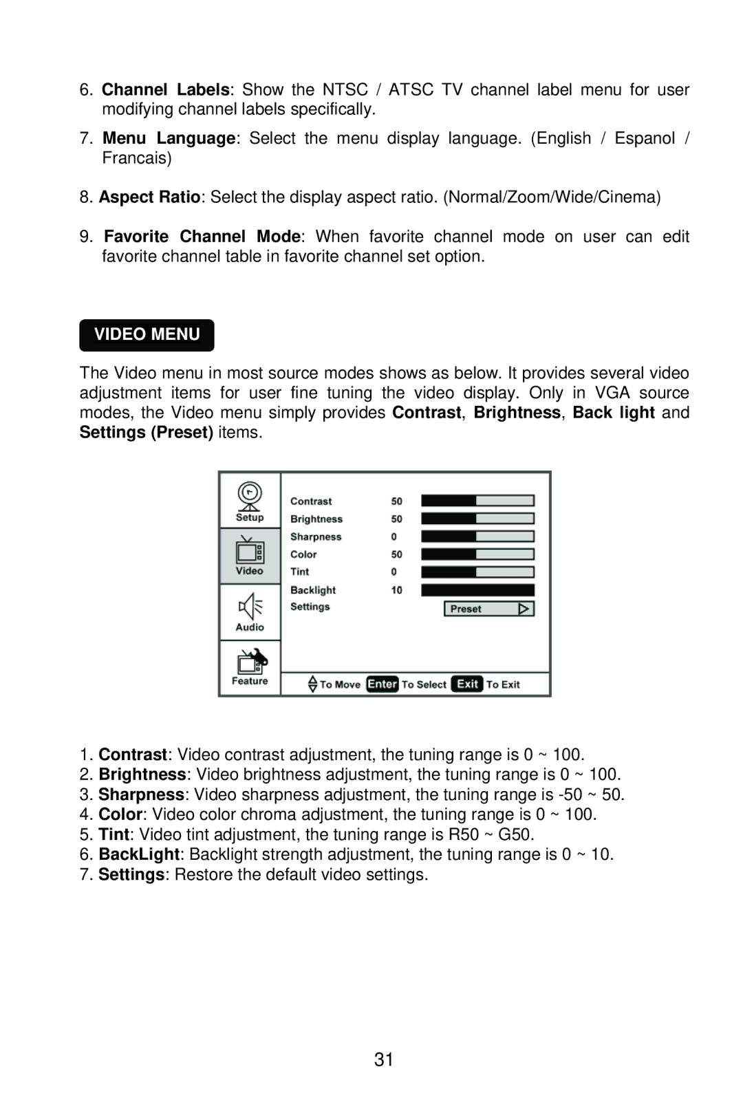 AOC L22W861 manual Video Menu 