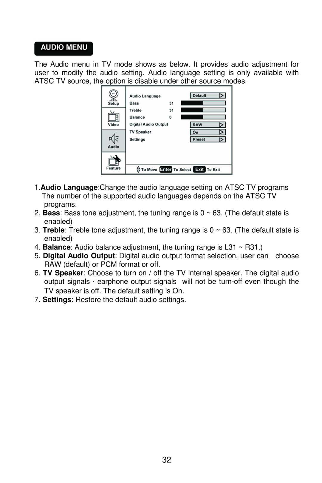 AOC L22W861 manual Audio Menu 