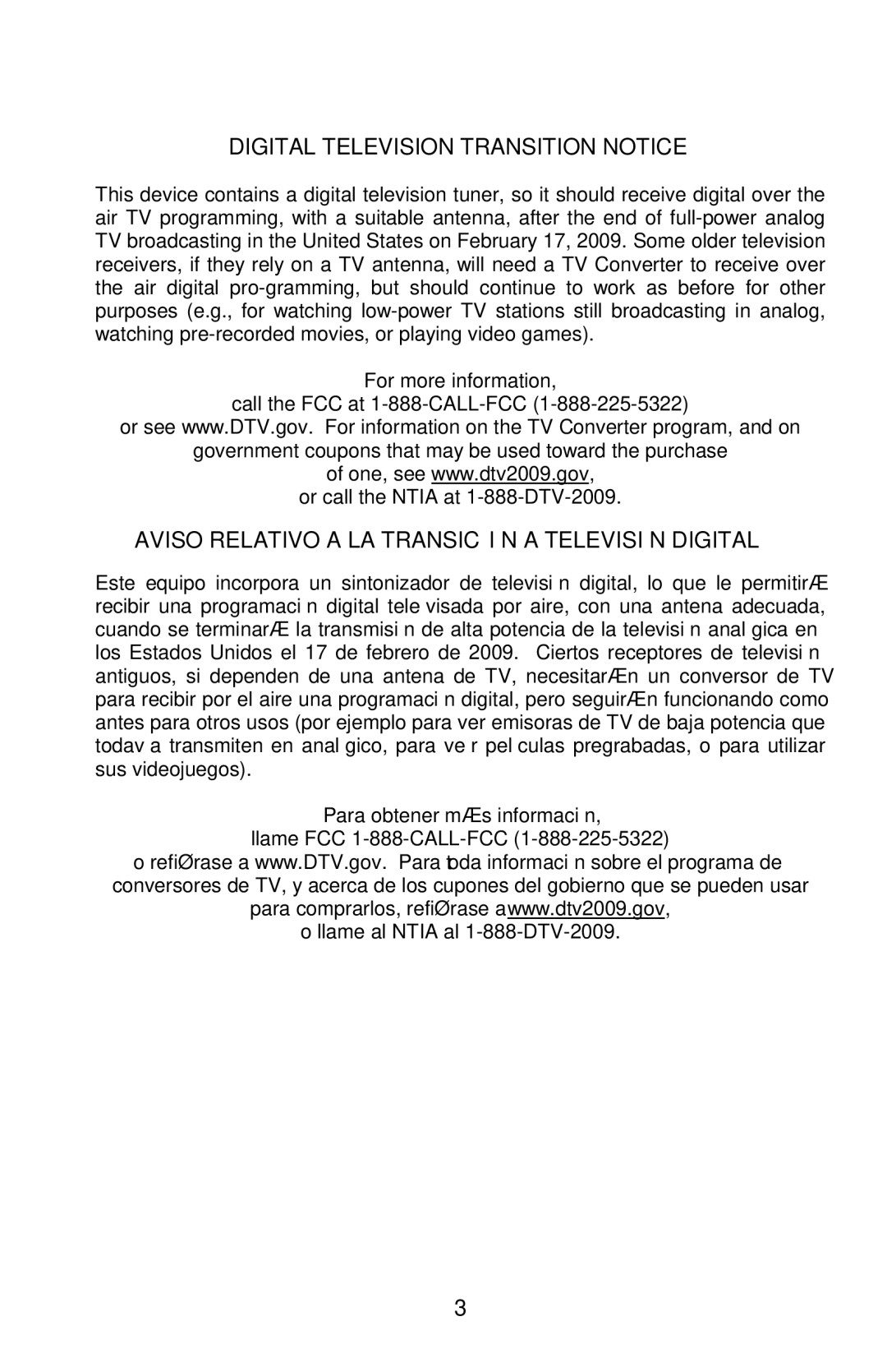 AOC L22W861 manual Digital Television Transition Notice, Aviso Relativo a LA Transición a Televisión Digital 