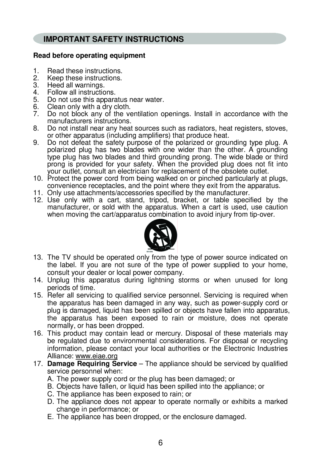 AOC L22W861 manual Important Safety Instructions, Read before operating equipment 