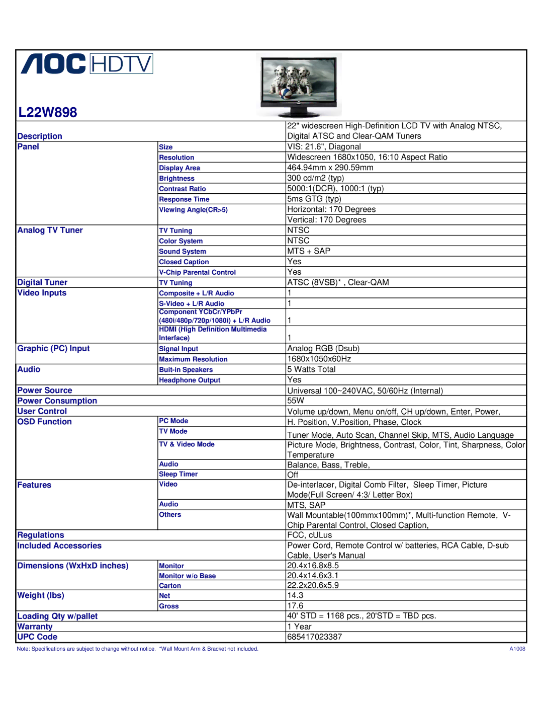 AOC L22W898 user manual 