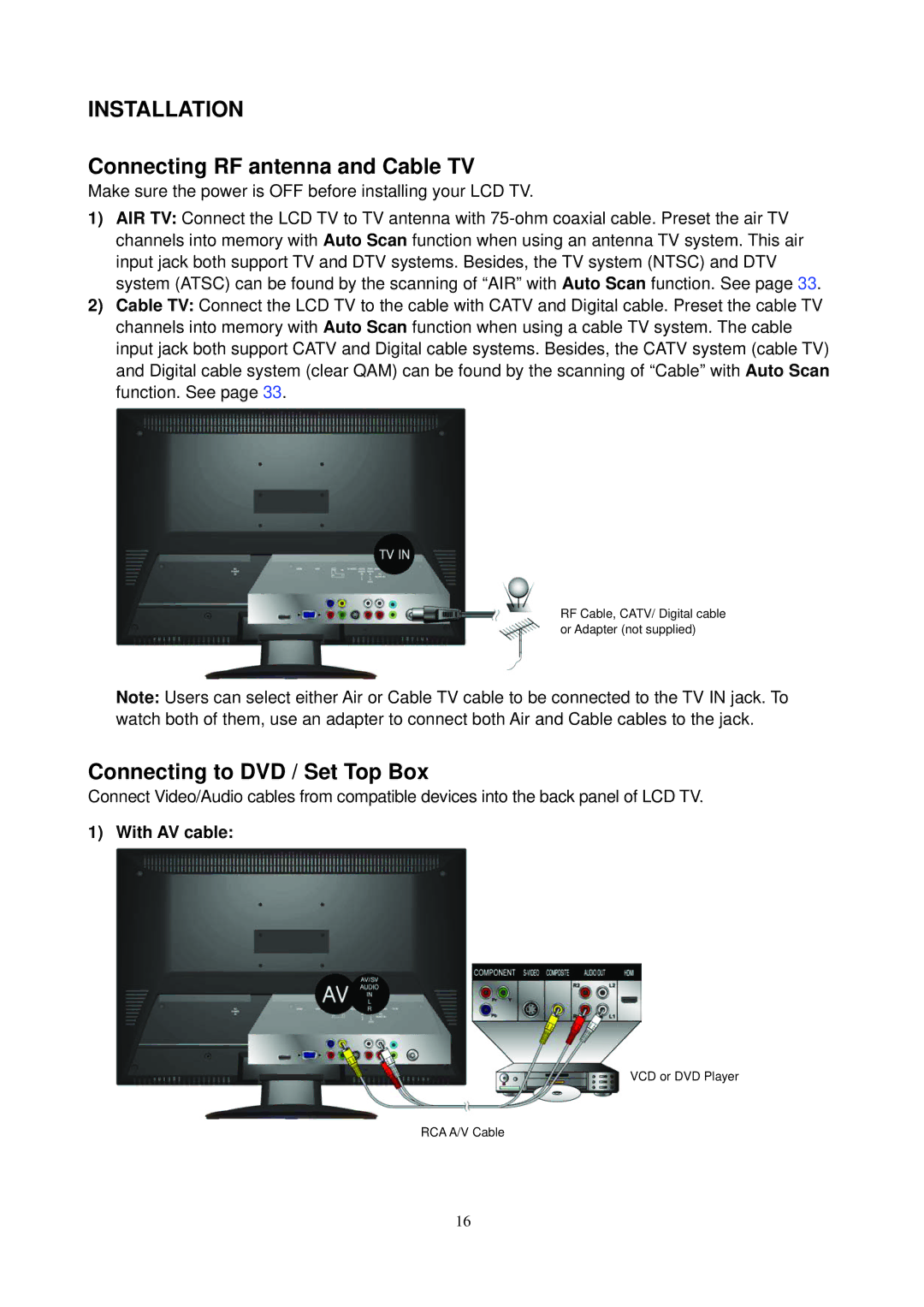 AOC L24H898 manual Installation, Connecting RF antenna and Cable TV, Connecting to DVD / Set Top Box 