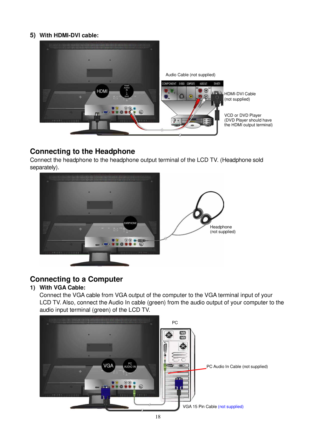 AOC L24H898 manual Connecting to the Headphone, Connecting to a Computer 