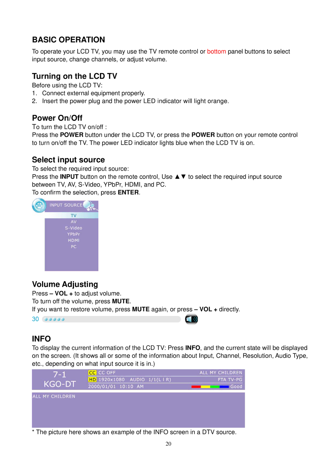 AOC L24H898 manual Basic Operation, Info 