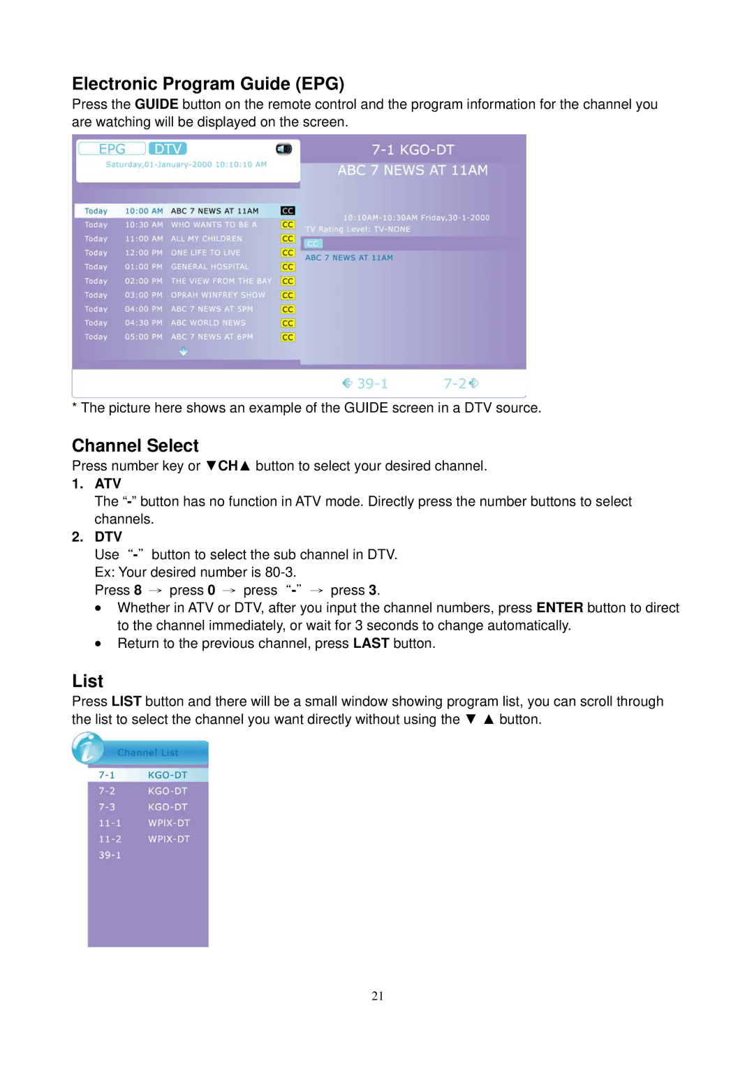 AOC L24H898 manual Electronic Program Guide EPG, Channel Select, List 