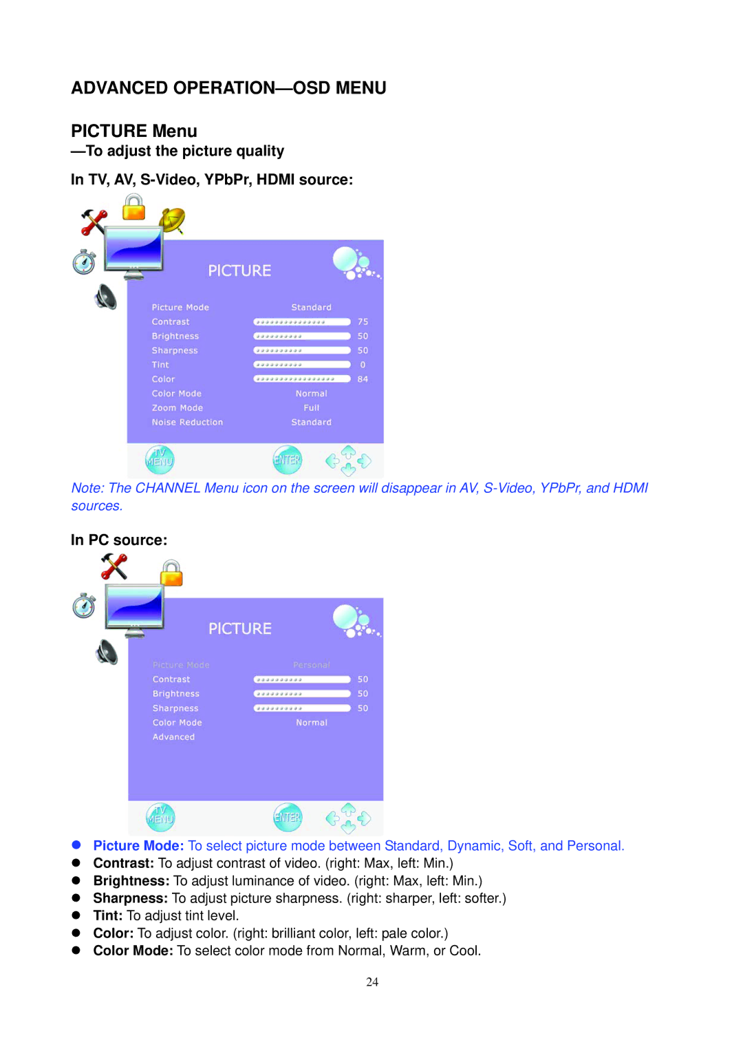 AOC L24H898 manual Advanced OPERATION-OSD Menu, Picture Menu 