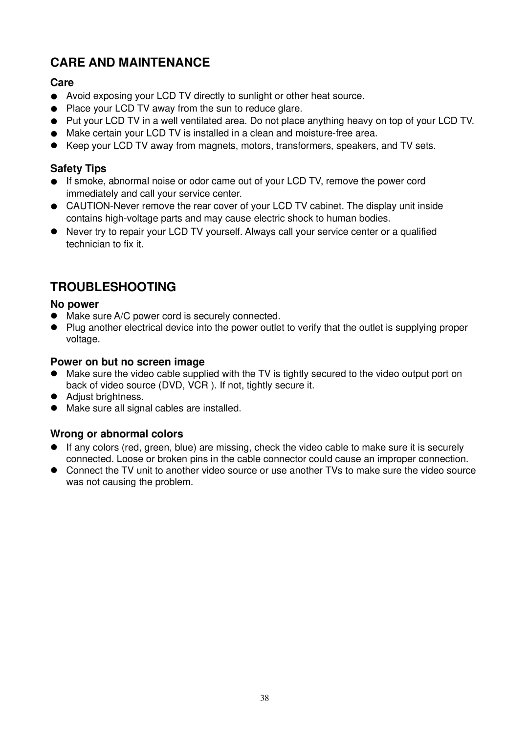 AOC L24H898 manual Care and Maintenance, Troubleshooting 