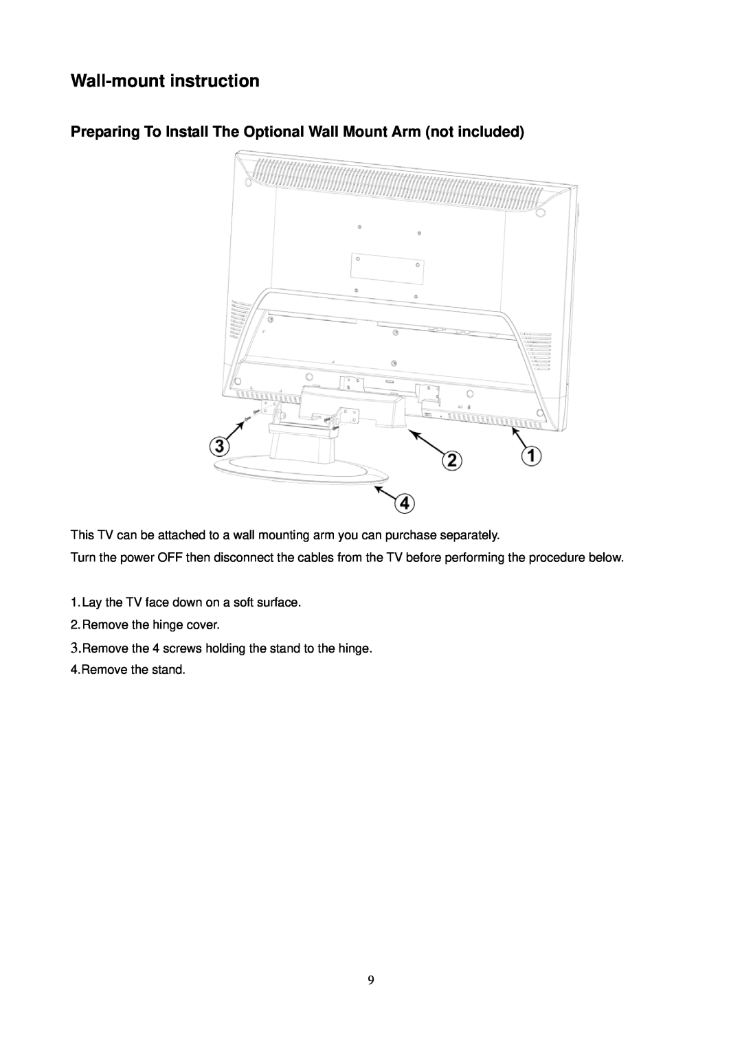 AOC L24H898 manual Wall-mount instruction, Preparing To Install The Optional Wall Mount Arm not included 