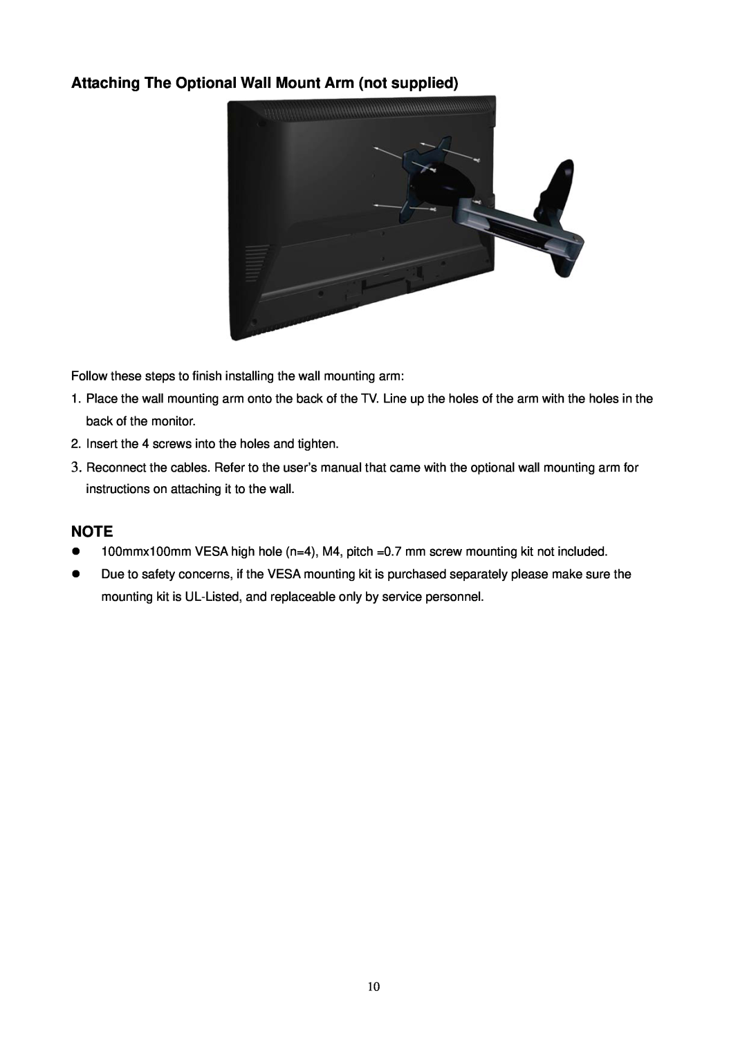 AOC L24H898 manual Attaching The Optional Wall Mount Arm not supplied 