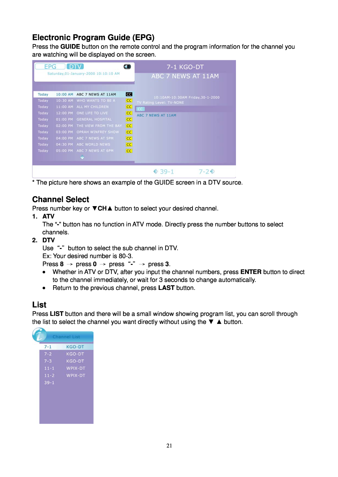 AOC L24H898 manual Electronic Program Guide EPG, Channel Select, List, Atv, Dtv 