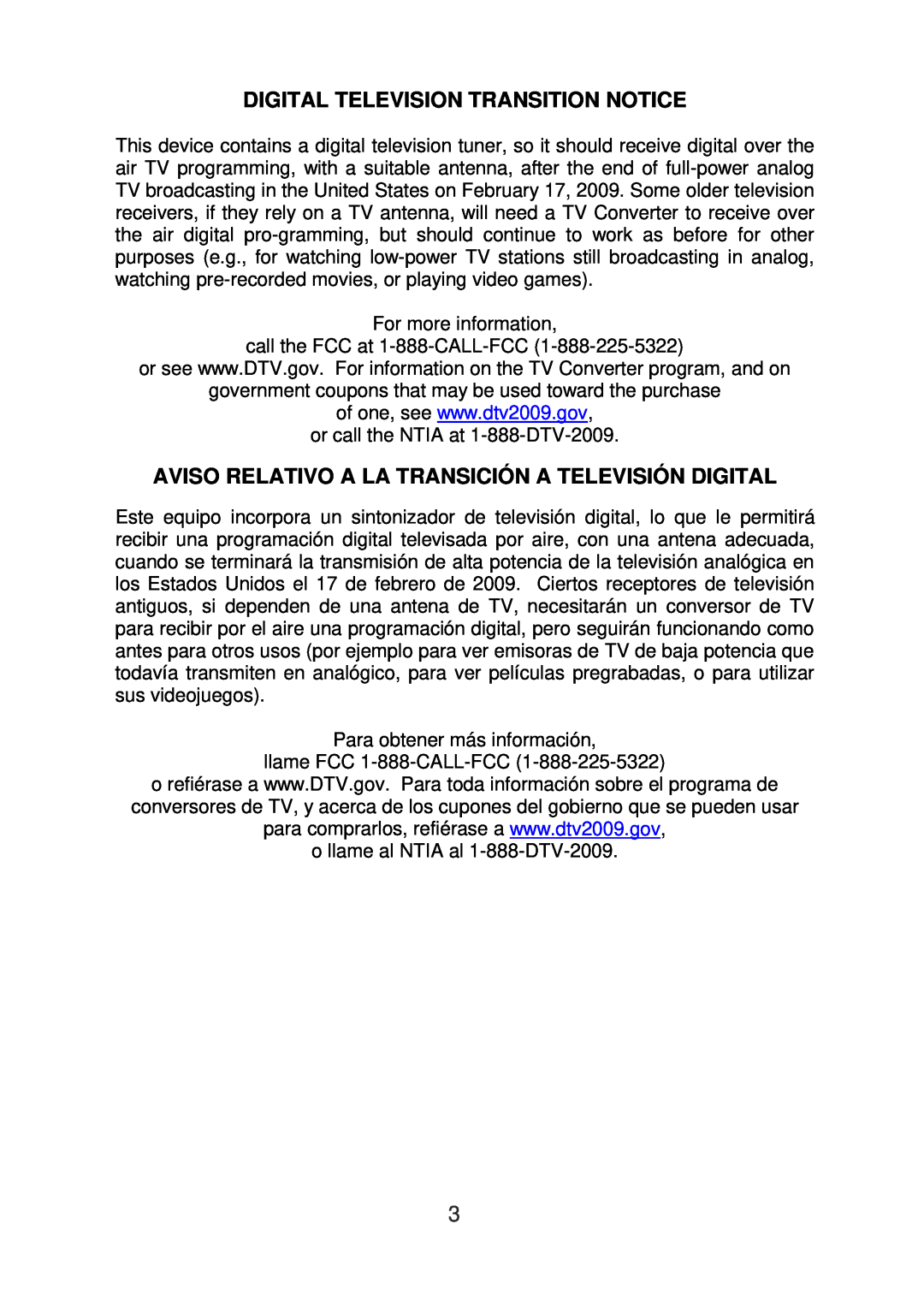 AOC L24H898 manual Digital Television Transition Notice, Aviso Relativo A La Transición A Televisión Digital 