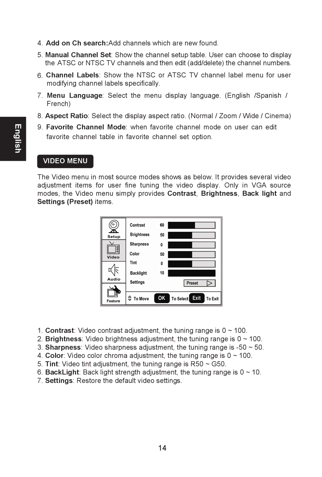 AOC L26W661 user manual Video Menu 