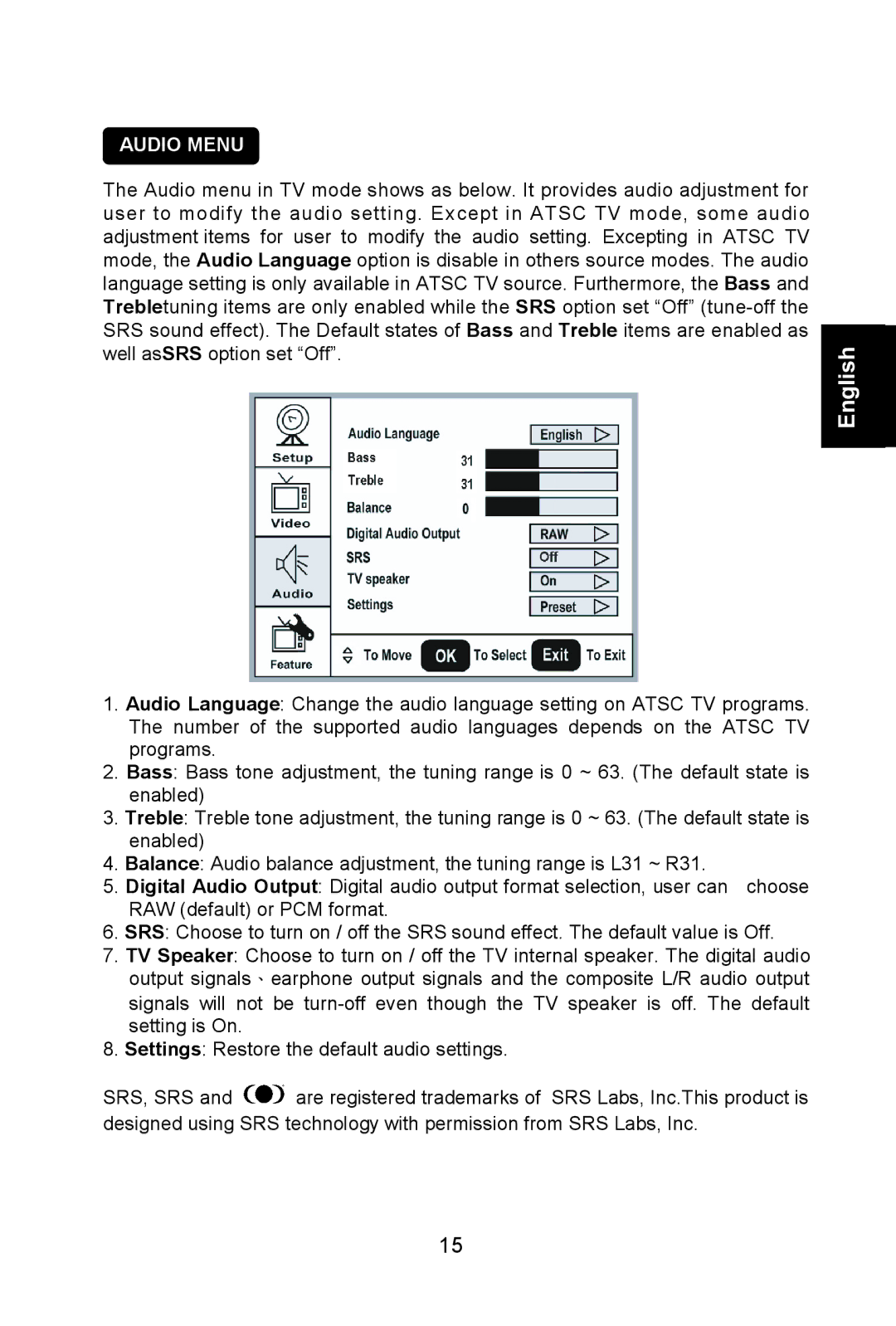 AOC L26W661 user manual Audio Menu 