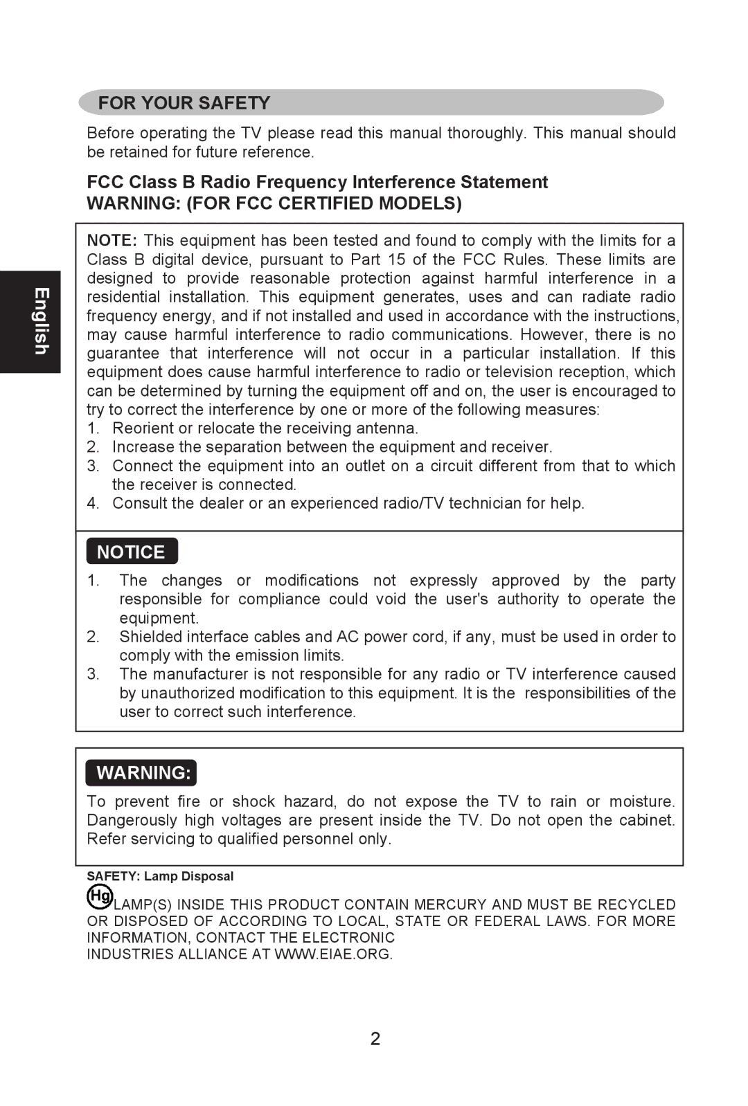 AOC L26W661 user manual For Your Safety, FCC Class B Radio Frequency Interference Statement 