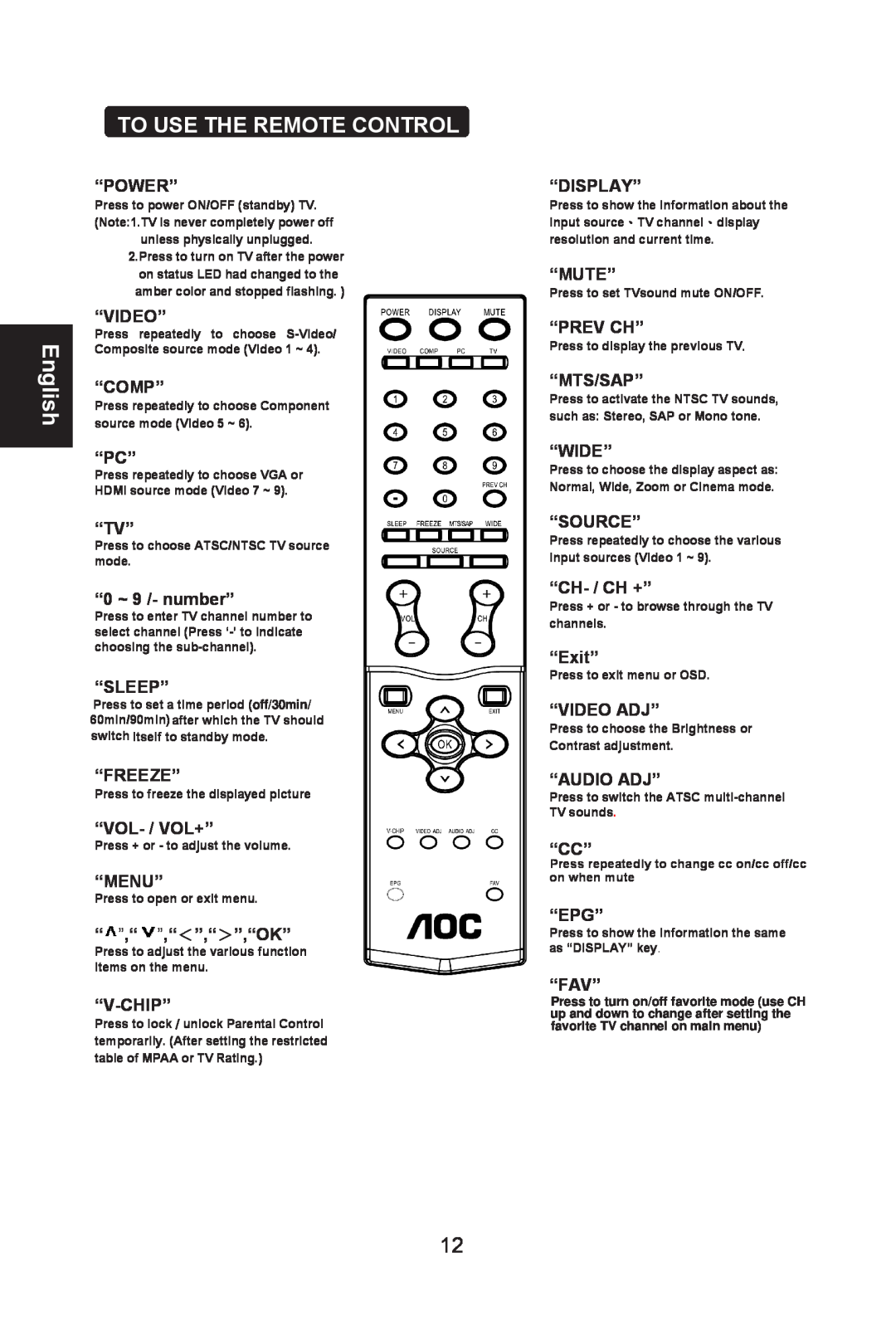 AOC L26W661 user manual To Use The Remote Control, English 