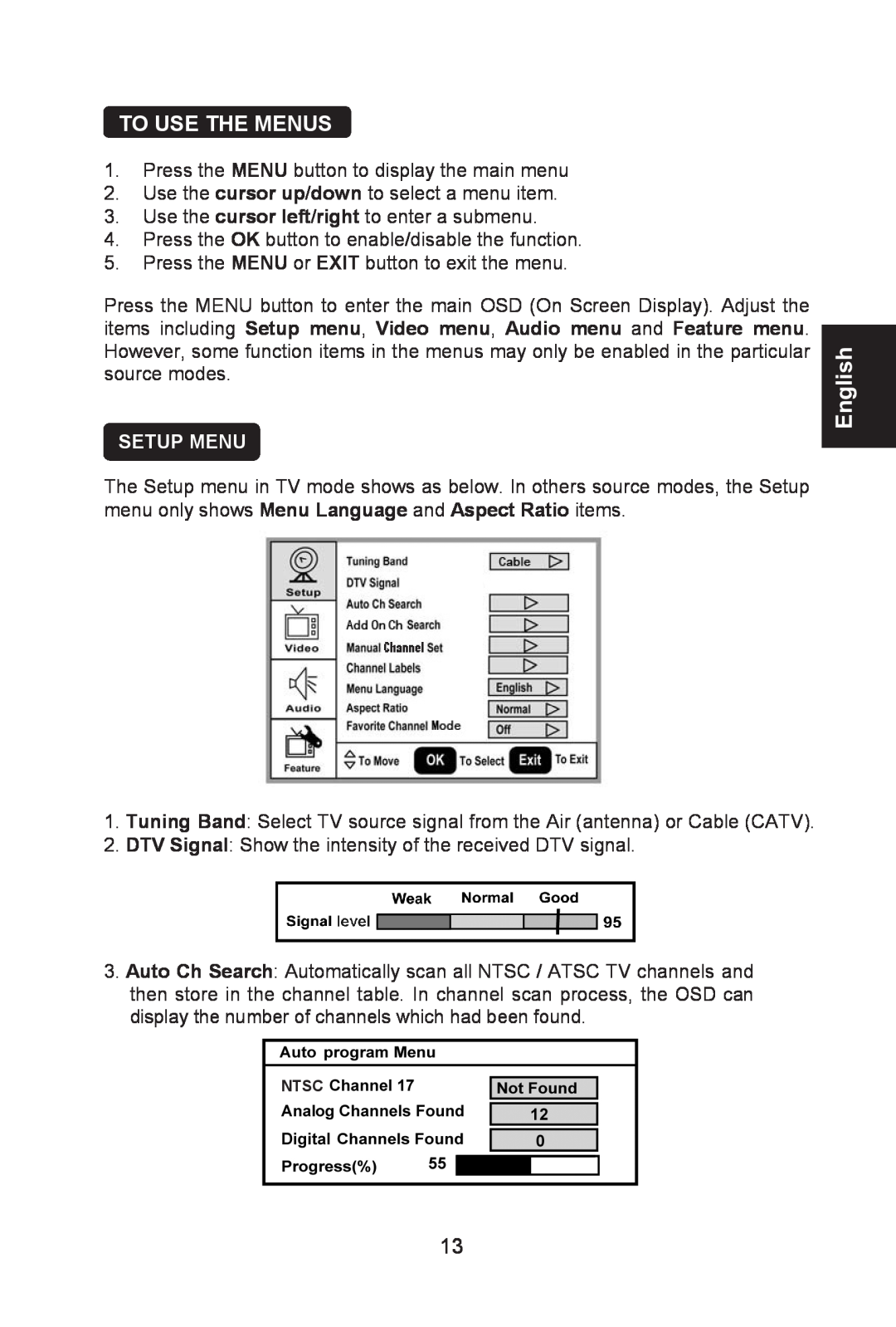 AOC L26W661 user manual To Use The Menus, Setup Menu, English 