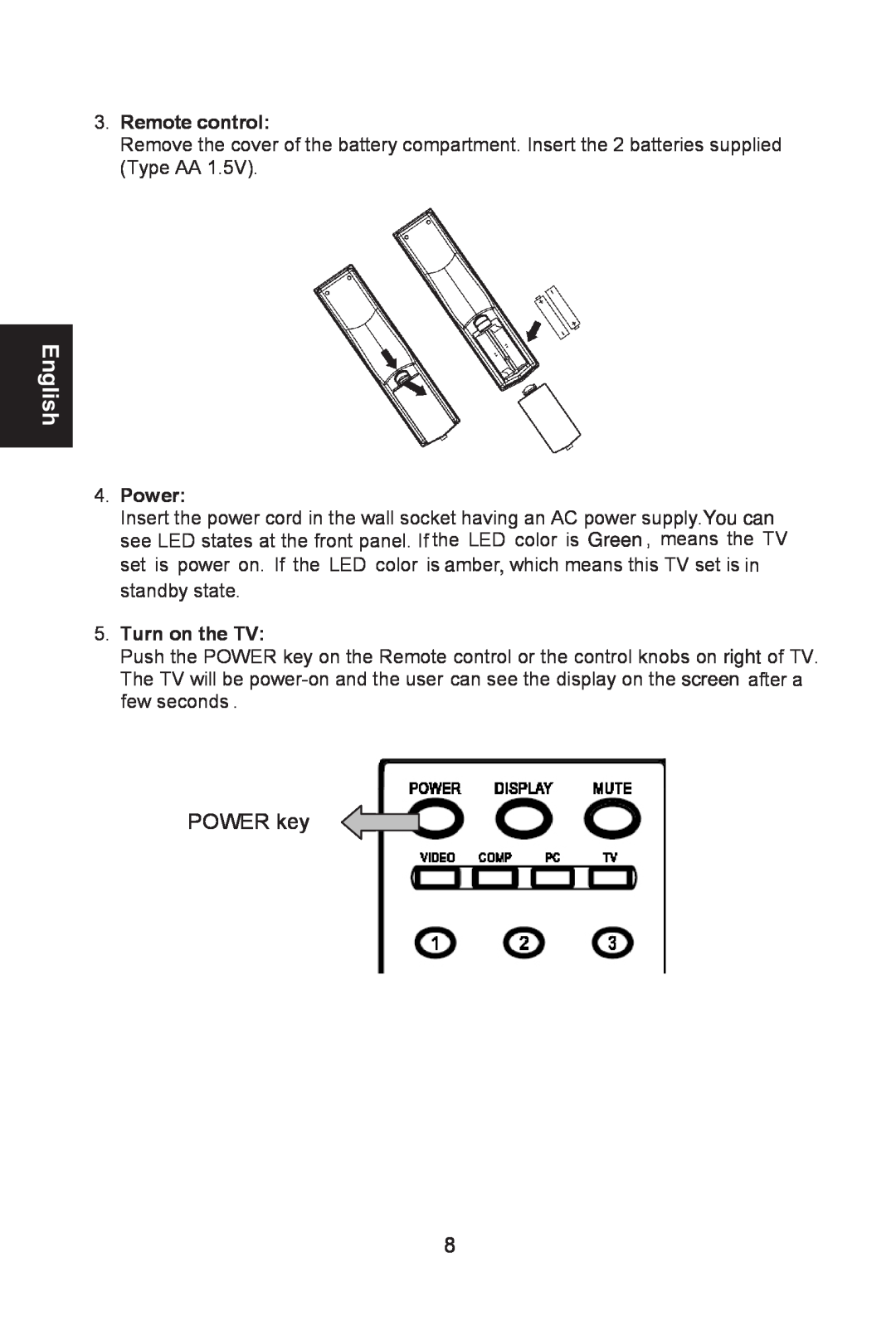 AOC L26W661 user manual POWER key, Remote control, Power, Turn on the TV, English 